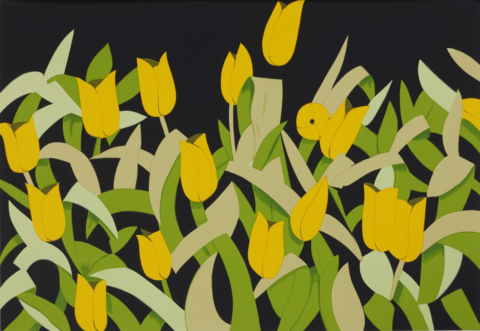 A painting of yellow tulips on a black background.