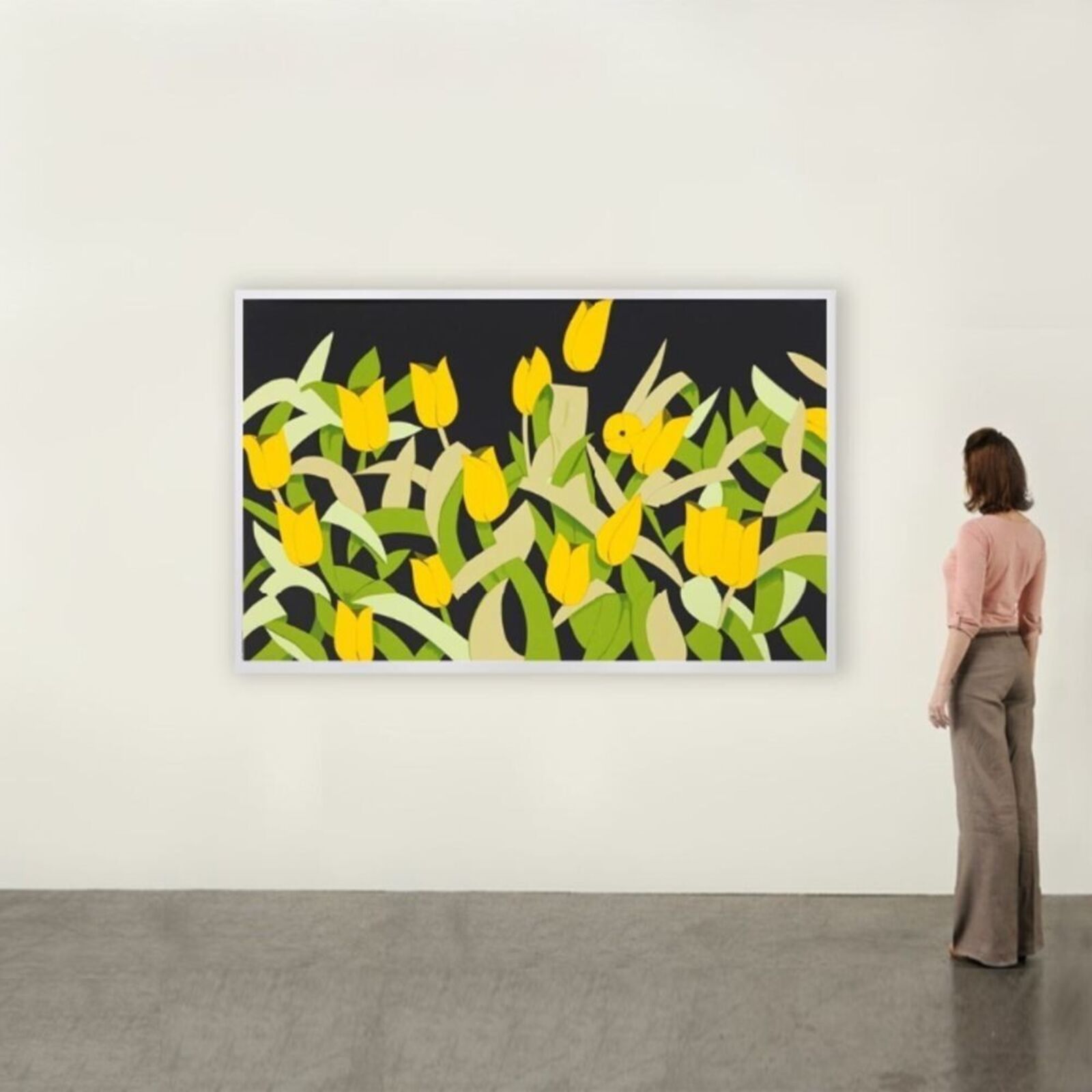 A painting of yellow tulips on a black background.