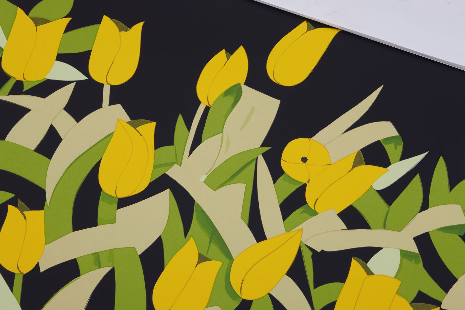 A painting of yellow tulips on a black background.