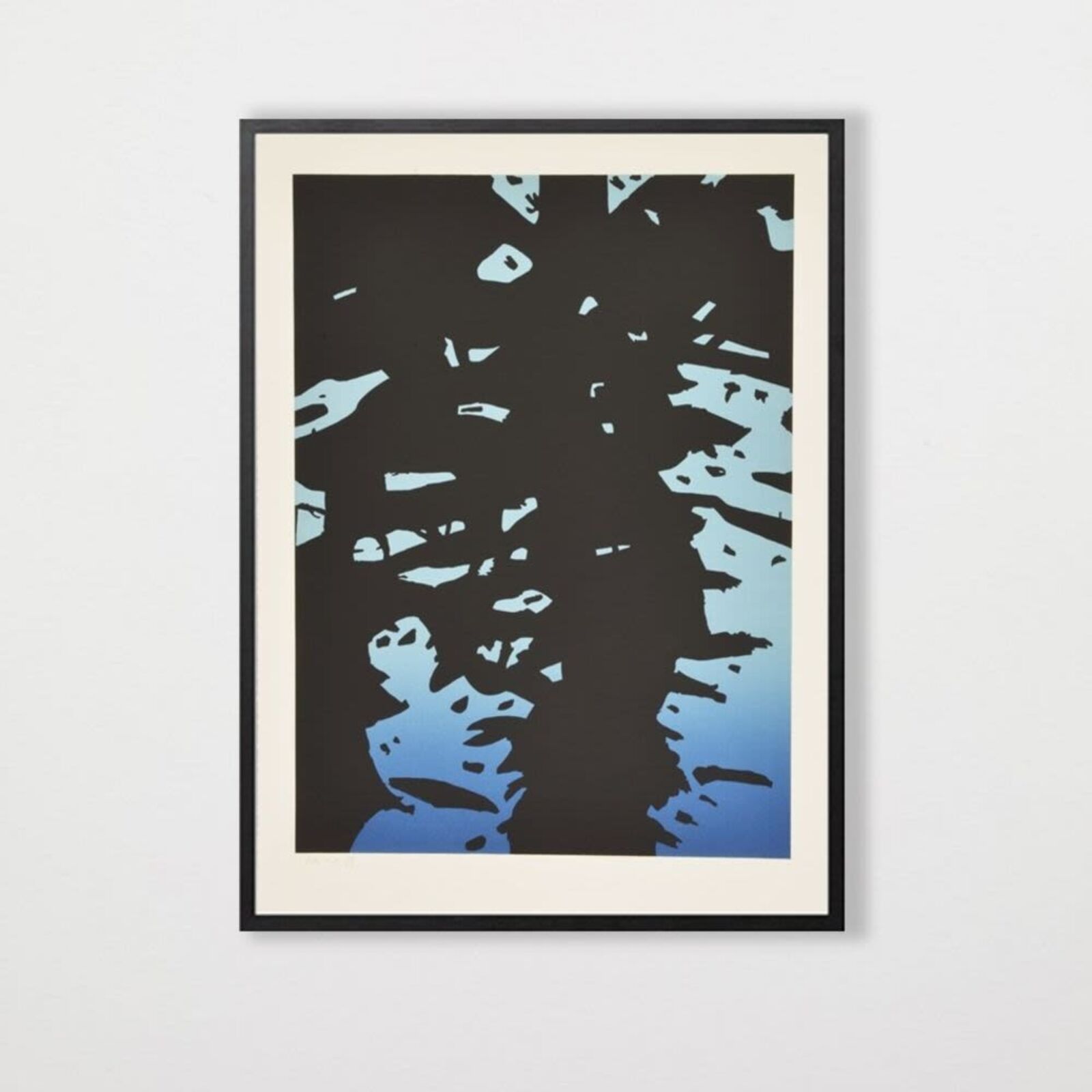 A black and blue painting of a tree on a blue background.