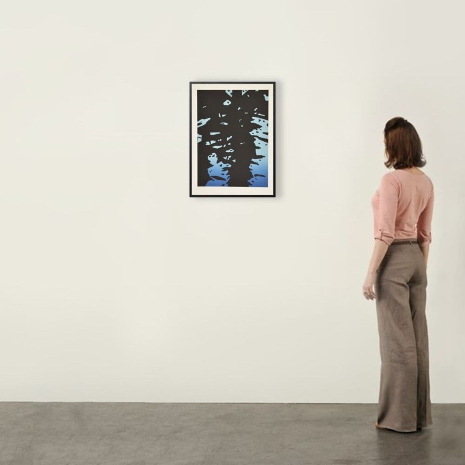 A black and blue painting of a tree on a blue background.