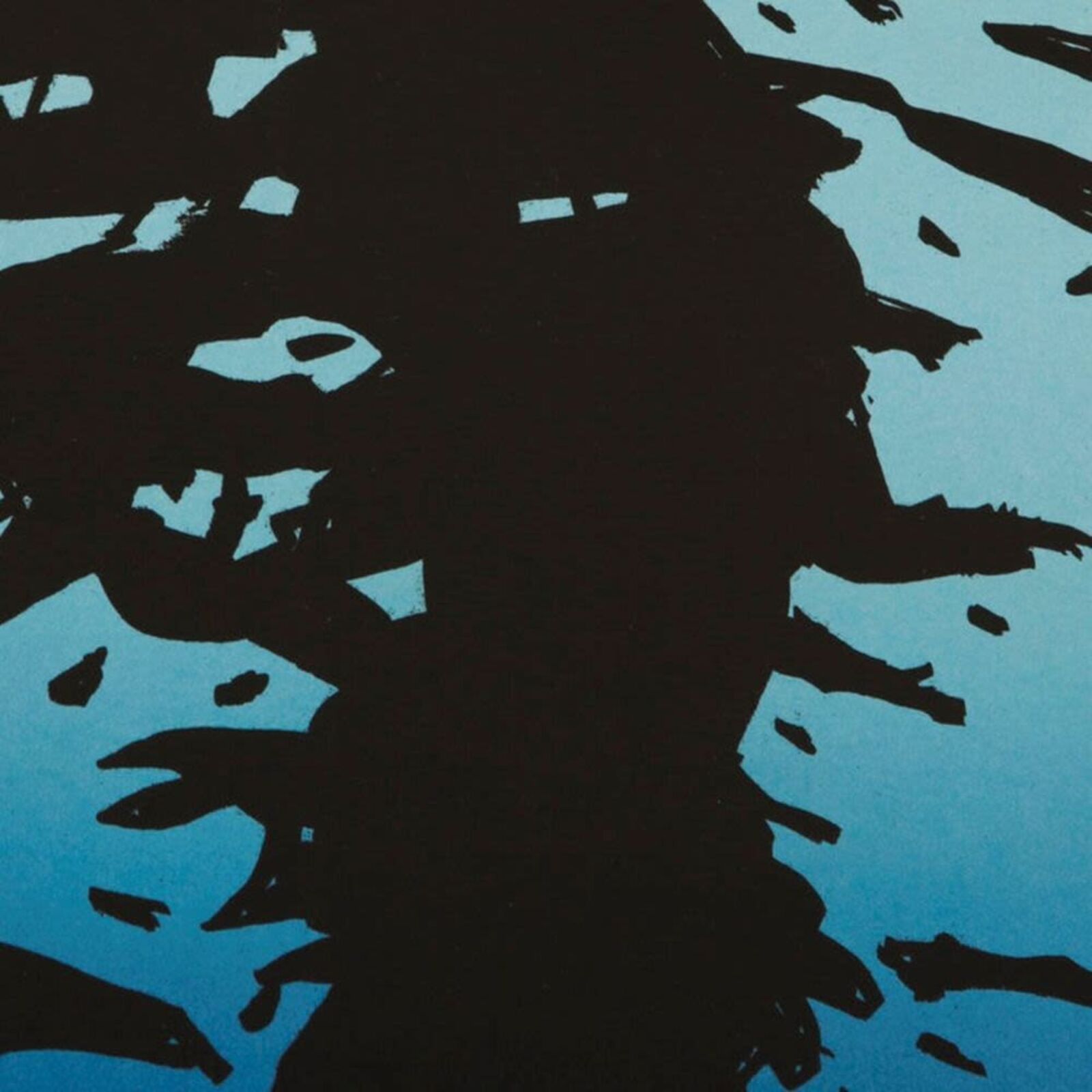 A black and blue painting of a tree on a blue background.