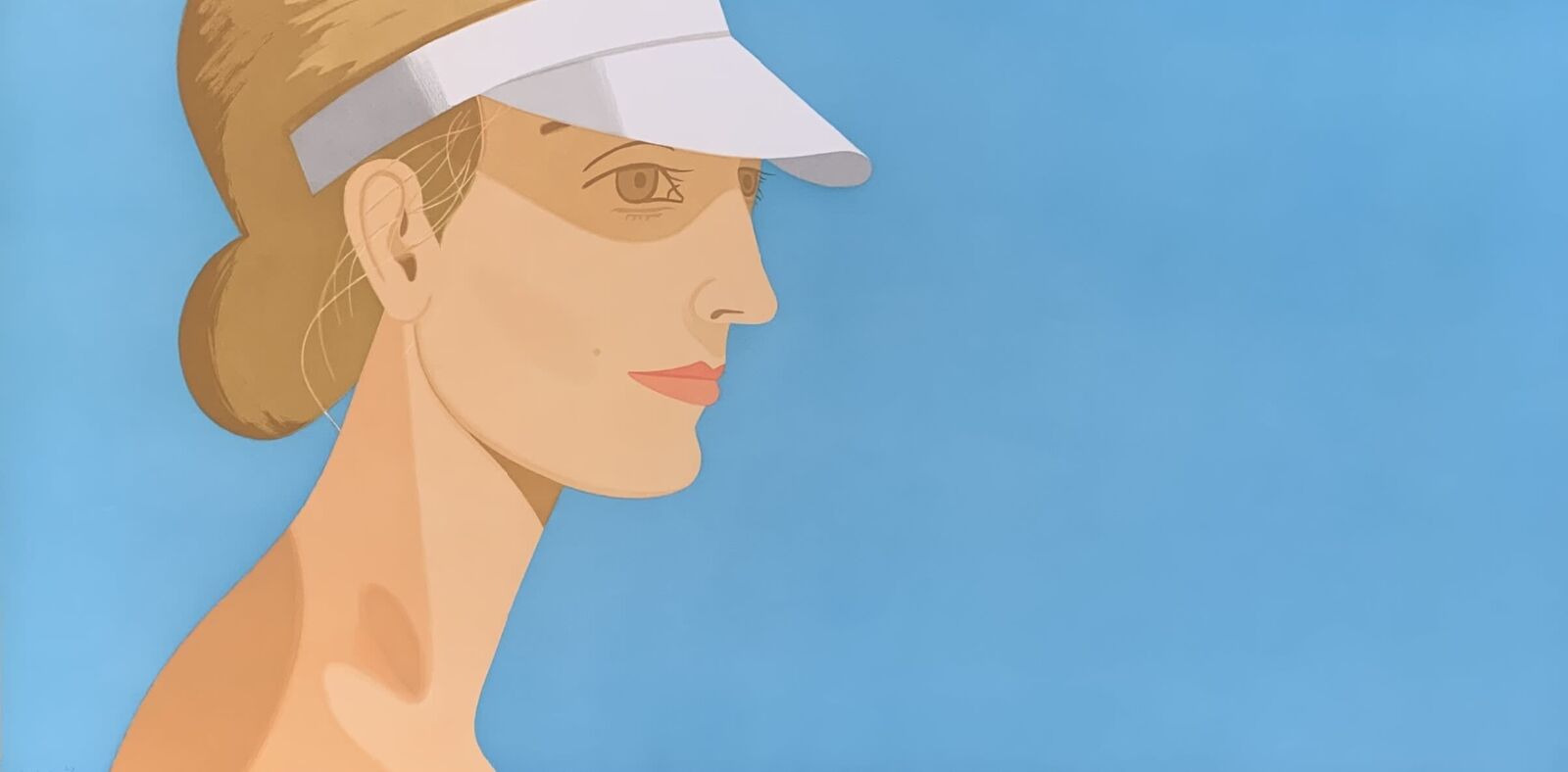 A woman wearing a white visor on a blue background.