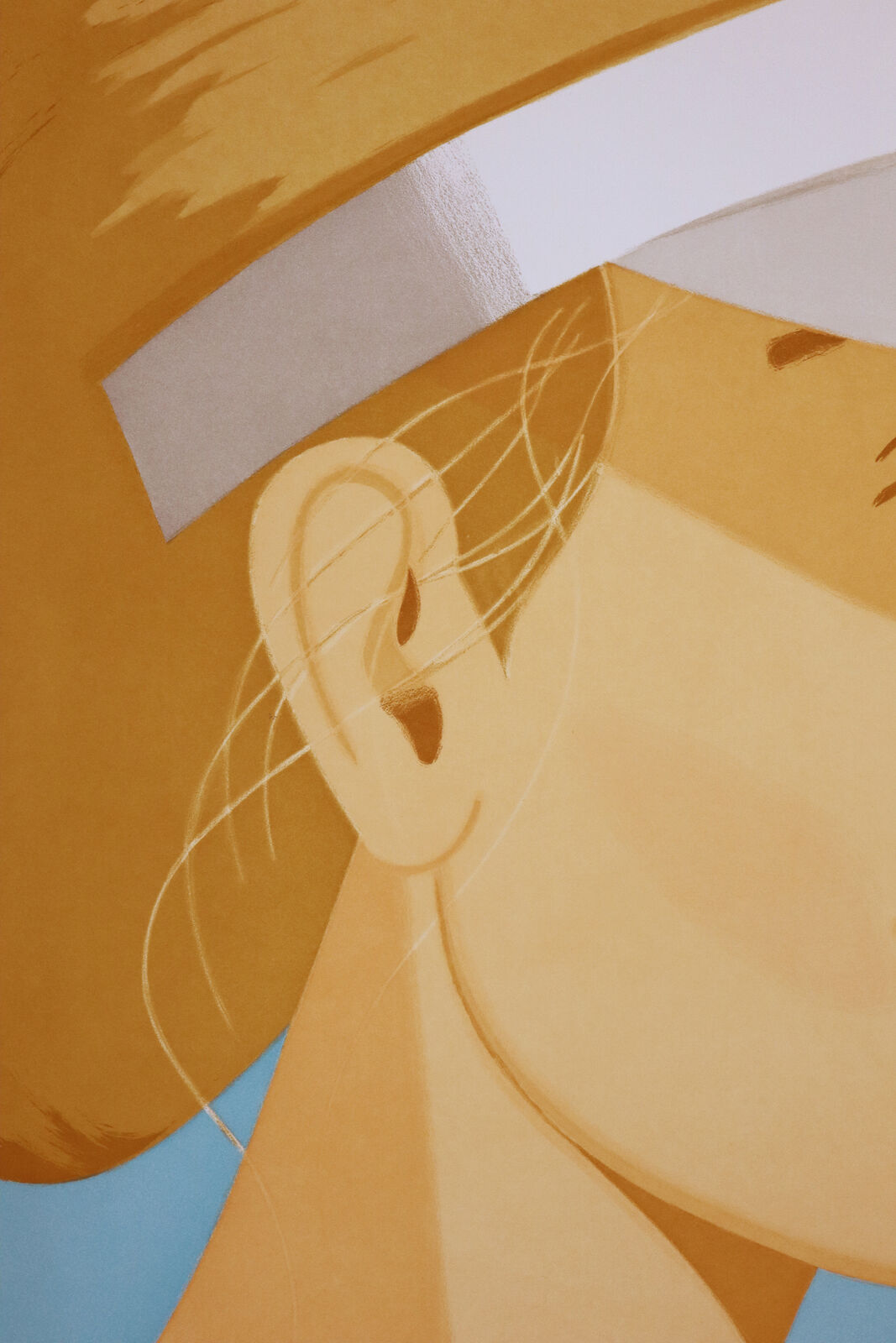 A woman wearing a white visor on a blue background.