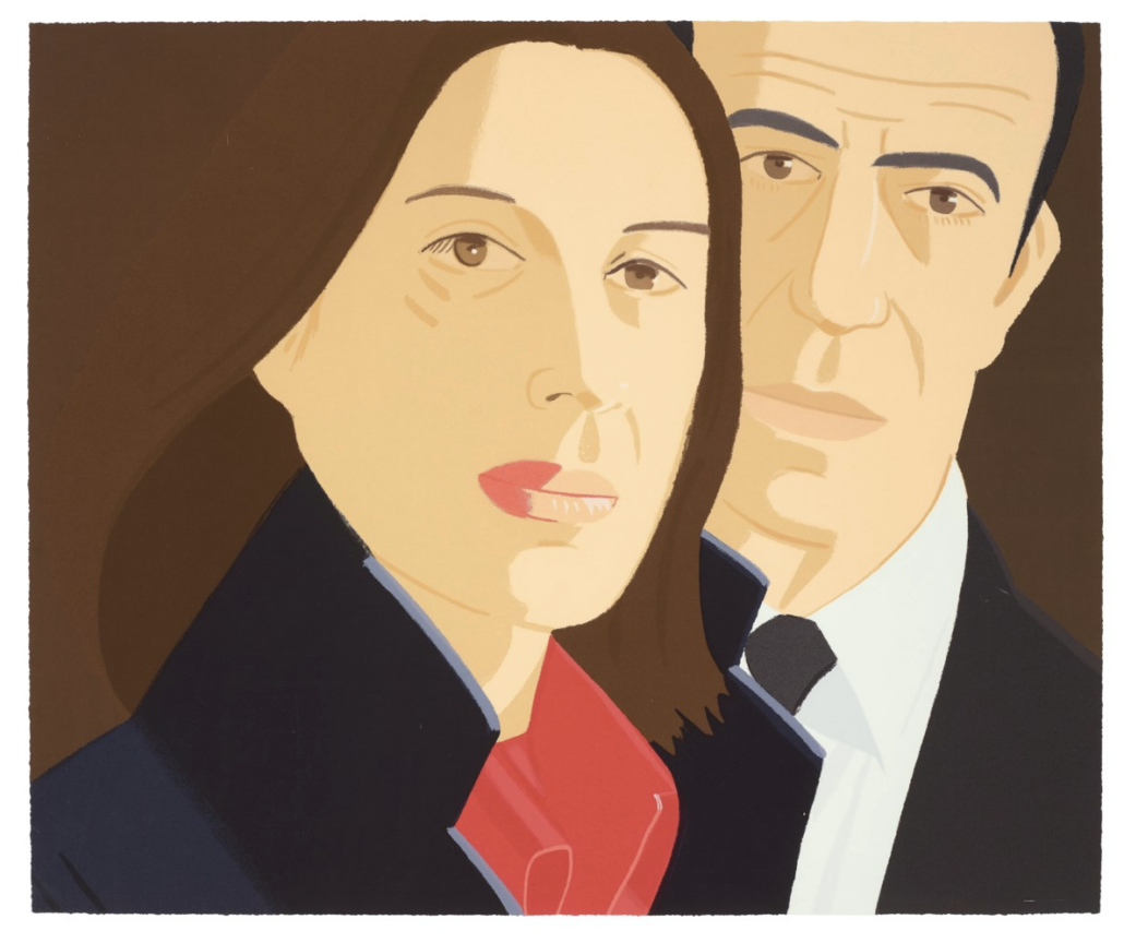 A stylized portrait of a woman and man in formal attire against a solid brown background.