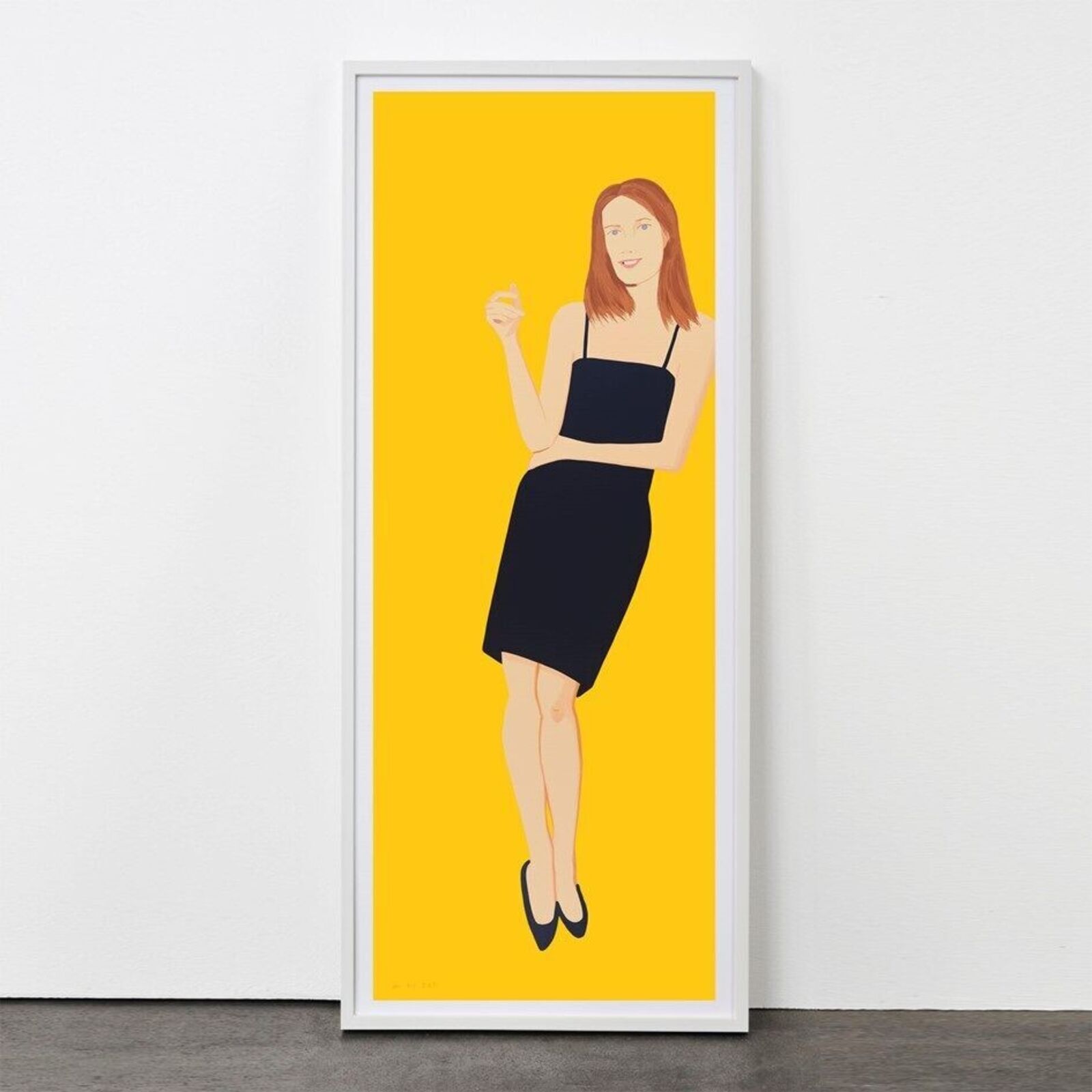 A series of nine framed portraits featuring figures in black dresses against a vibrant yellow background.