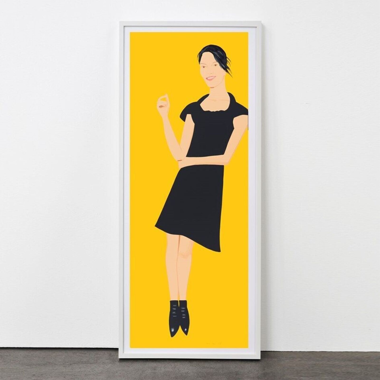A series of nine framed portraits featuring figures in black dresses against a vibrant yellow background.