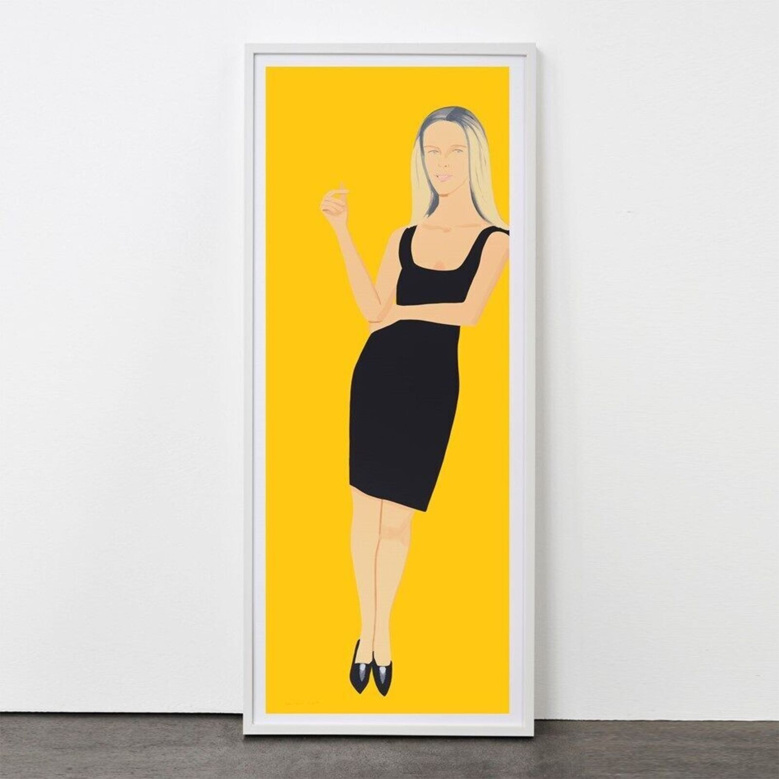 A series of nine framed portraits featuring figures in black dresses against a vibrant yellow background.