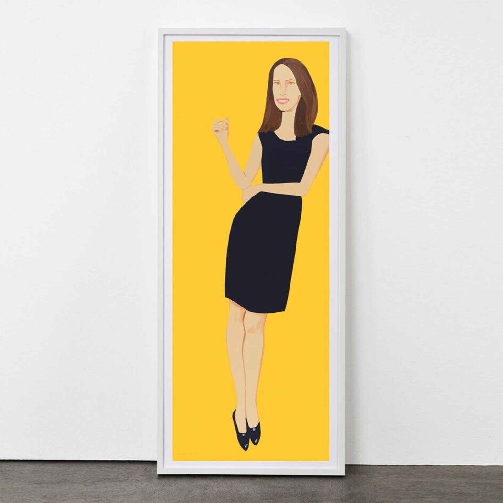 A series of nine framed portraits featuring figures in black dresses against a vibrant yellow background.