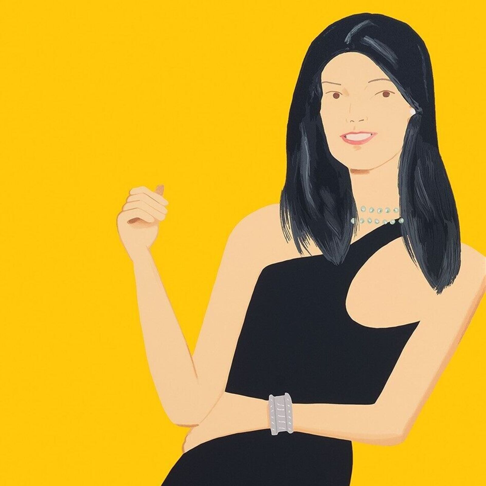 A series of nine framed portraits featuring figures in black dresses against a vibrant yellow background.