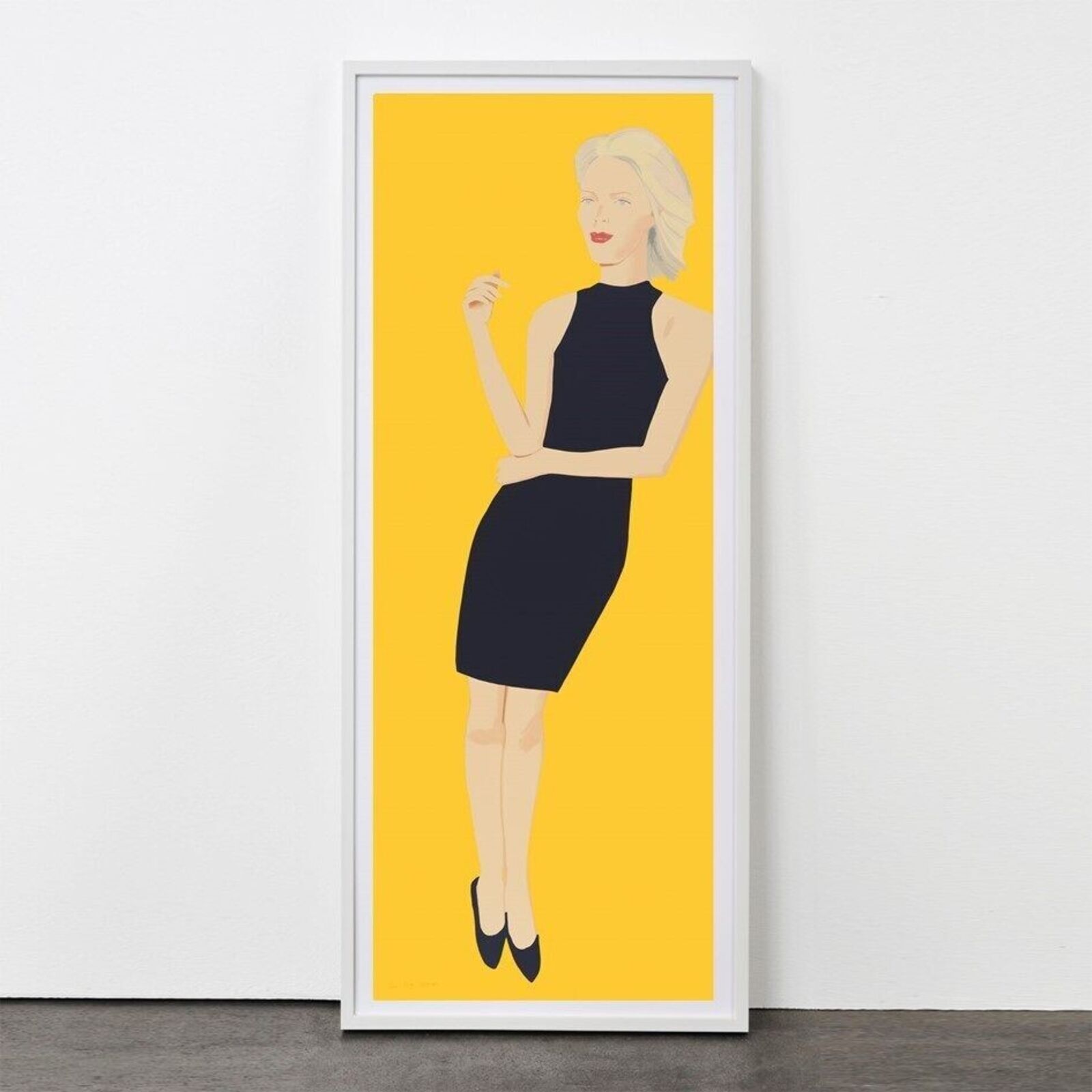 A series of nine framed portraits featuring figures in black dresses against a vibrant yellow background.