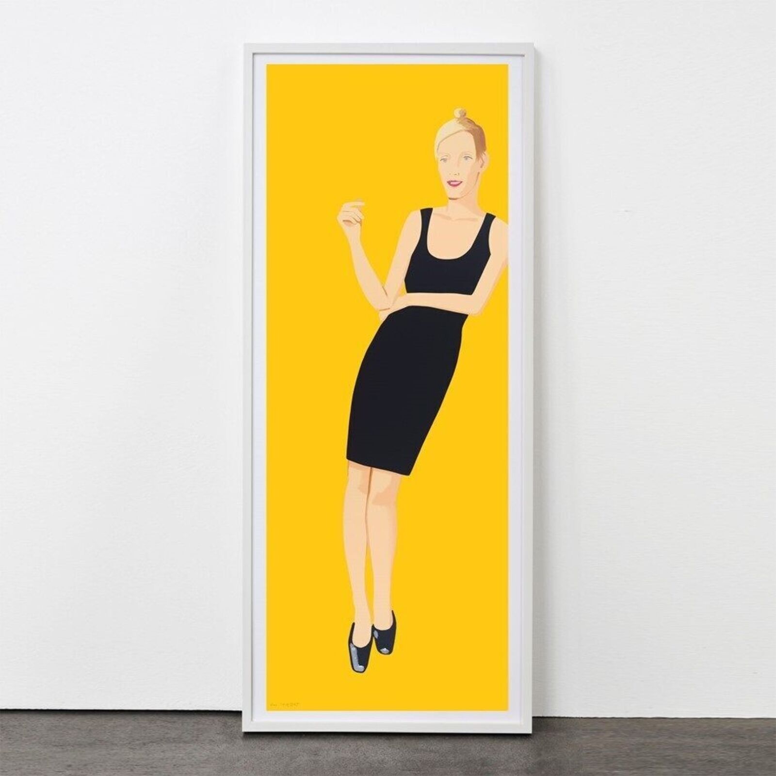 A series of nine framed portraits featuring figures in black dresses against a vibrant yellow background.