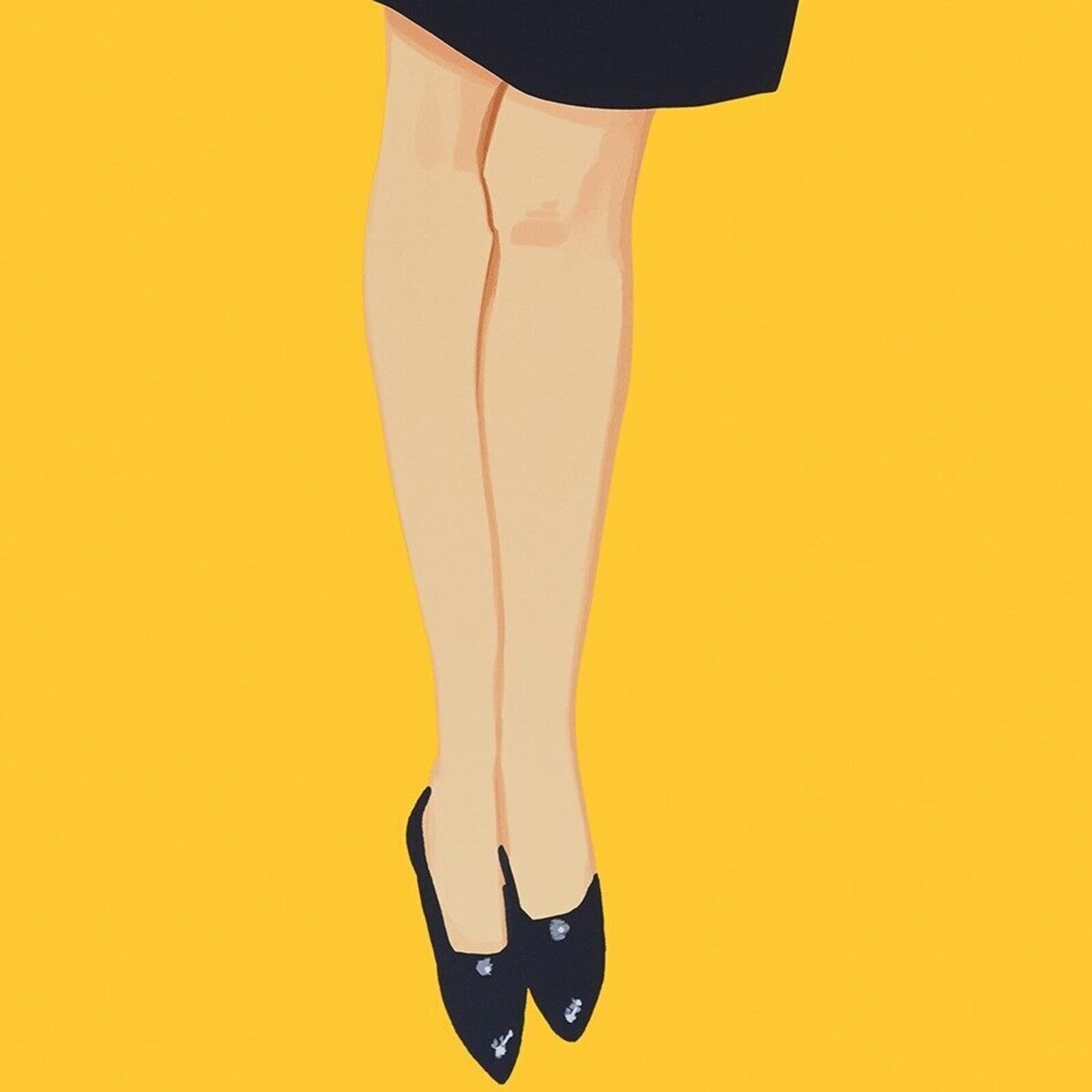 A series of nine framed portraits featuring figures in black dresses against a vibrant yellow background.