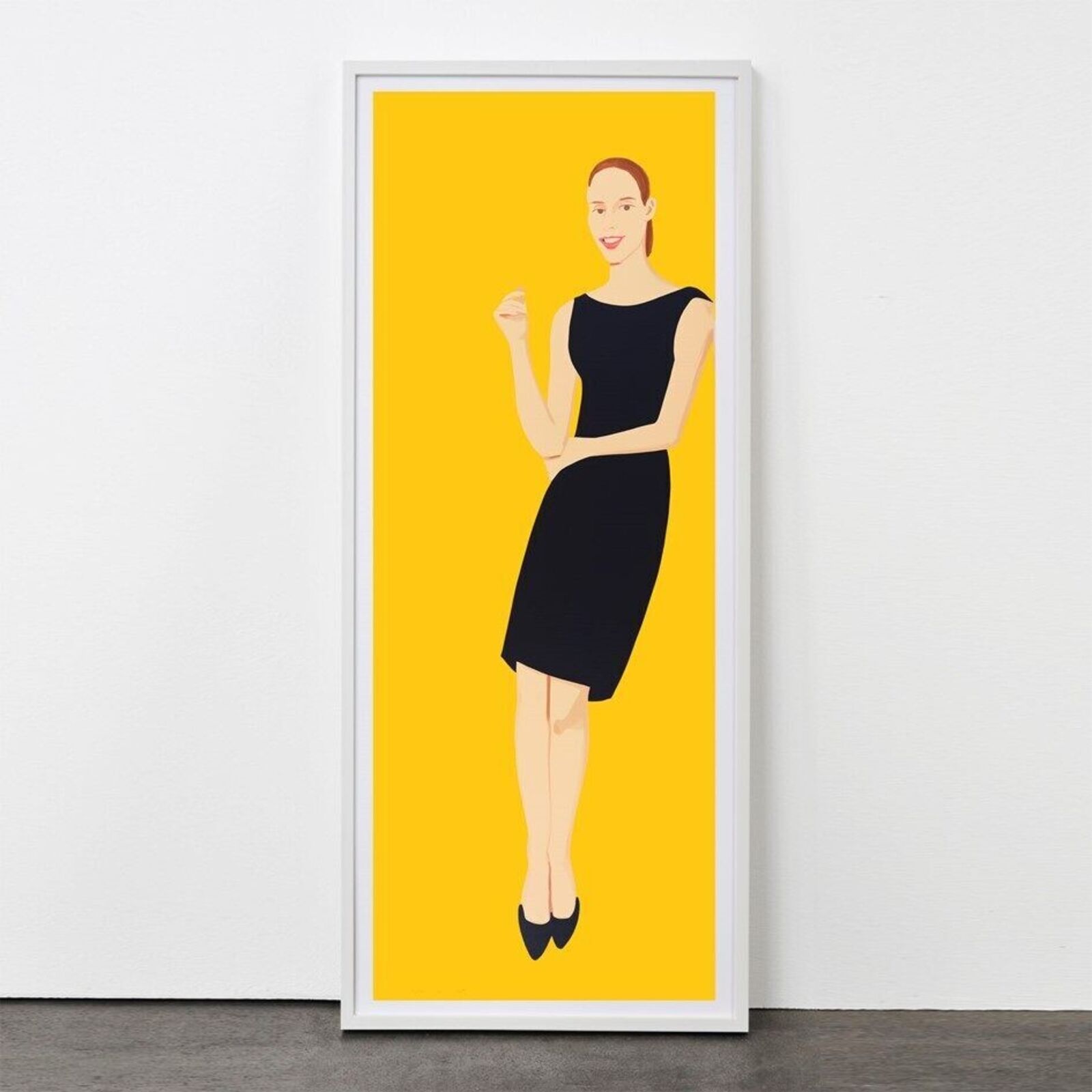A series of nine framed portraits featuring figures in black dresses against a vibrant yellow background.
