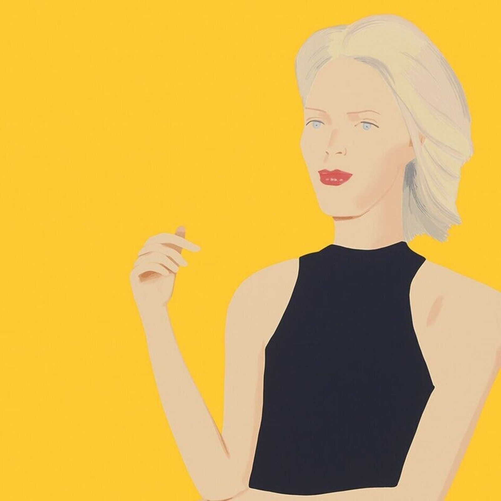 A series of nine framed portraits featuring figures in black dresses against a vibrant yellow background.