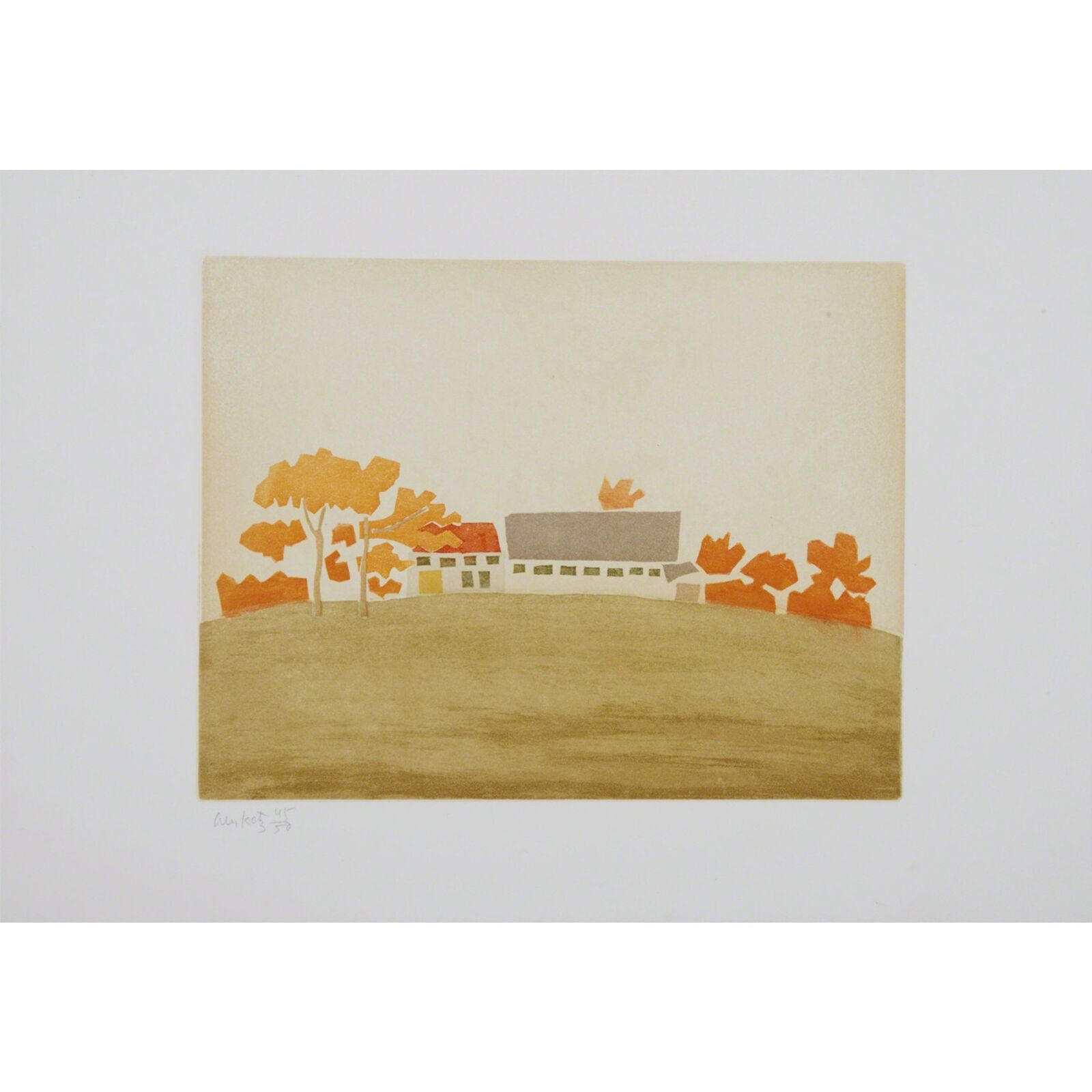 A painting of a house in the middle of a field.