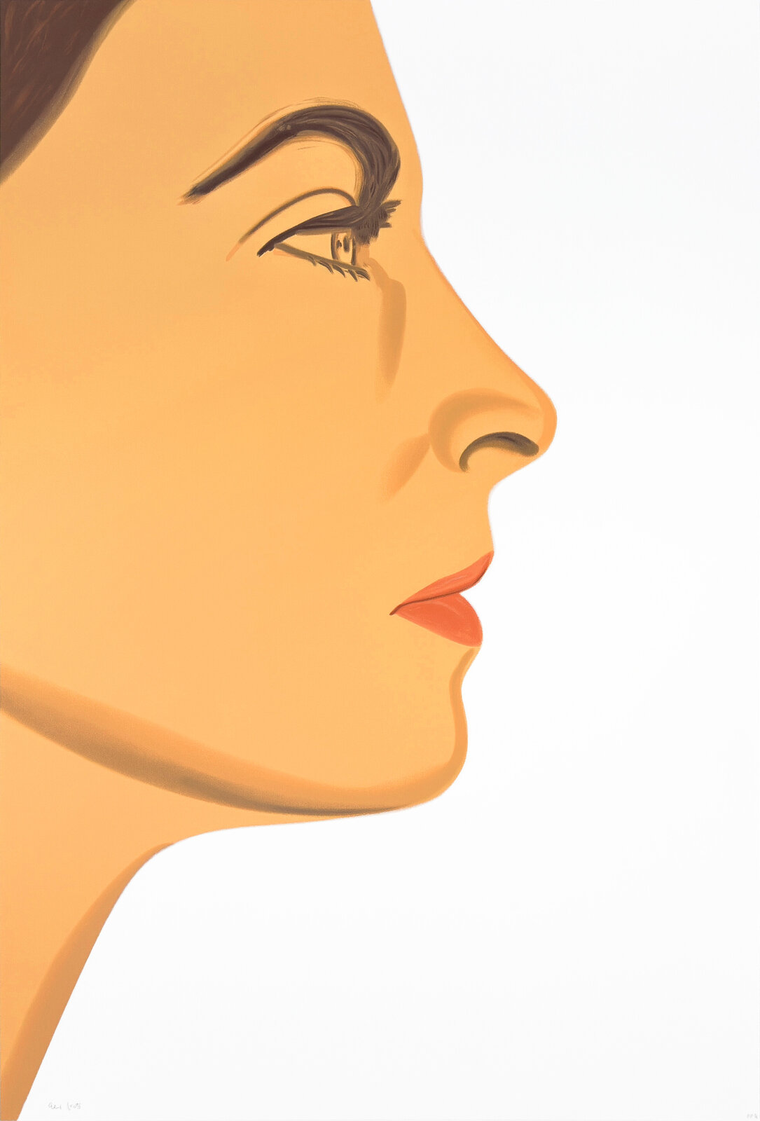 A serene profile portrait of a figure with closed eyes, rendered in warm tones against a stark white background.