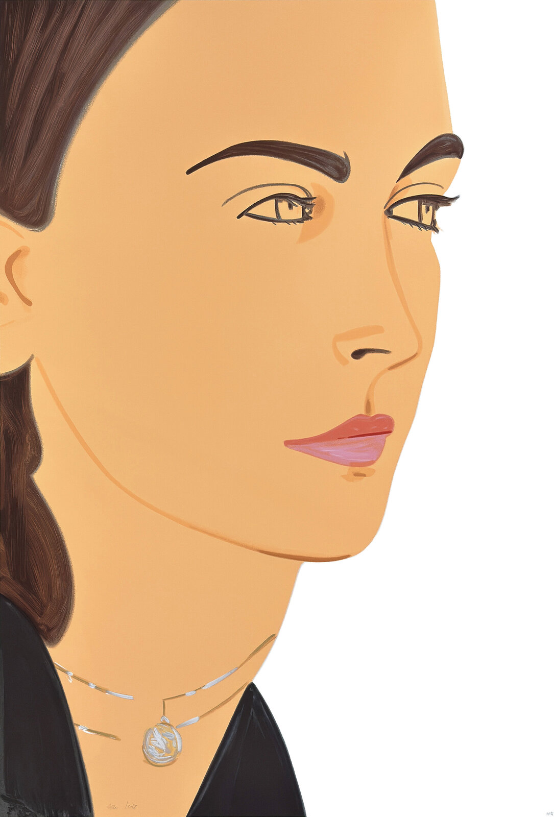 A stylized portrait of a person in profile against a stark white background.