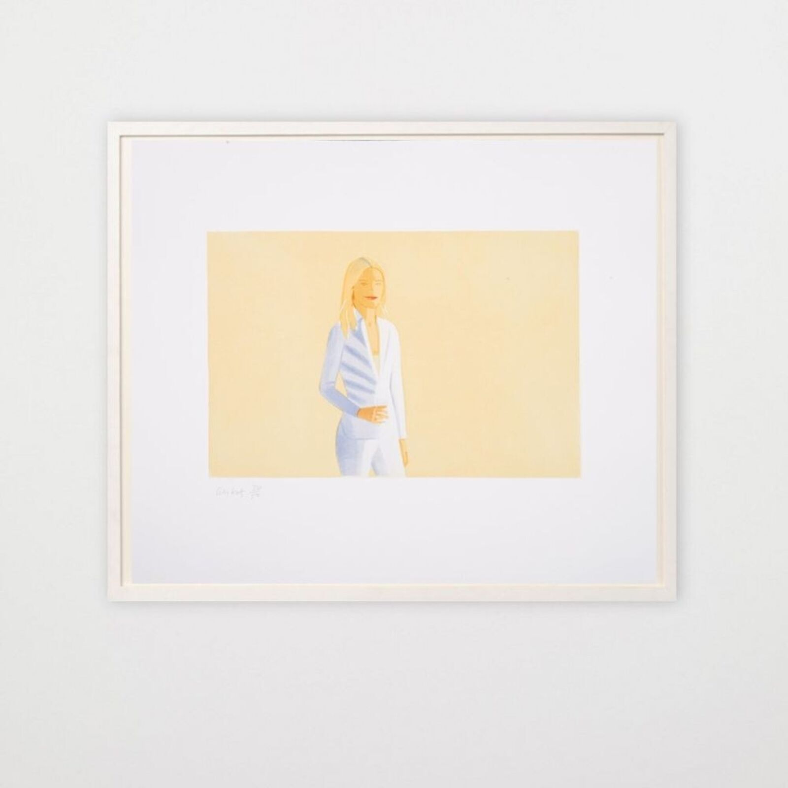A painting of a woman in a white suit on a yellow background.