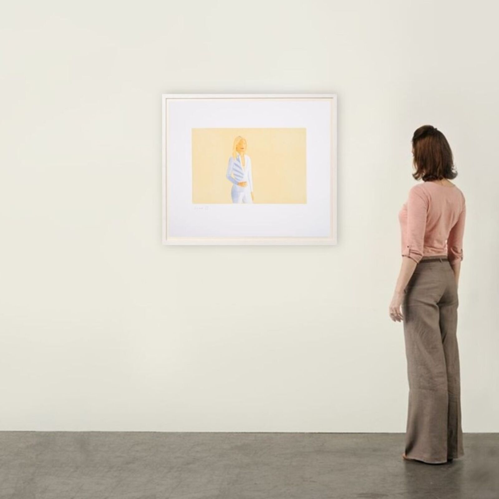 A painting of a woman in a white suit on a yellow background.