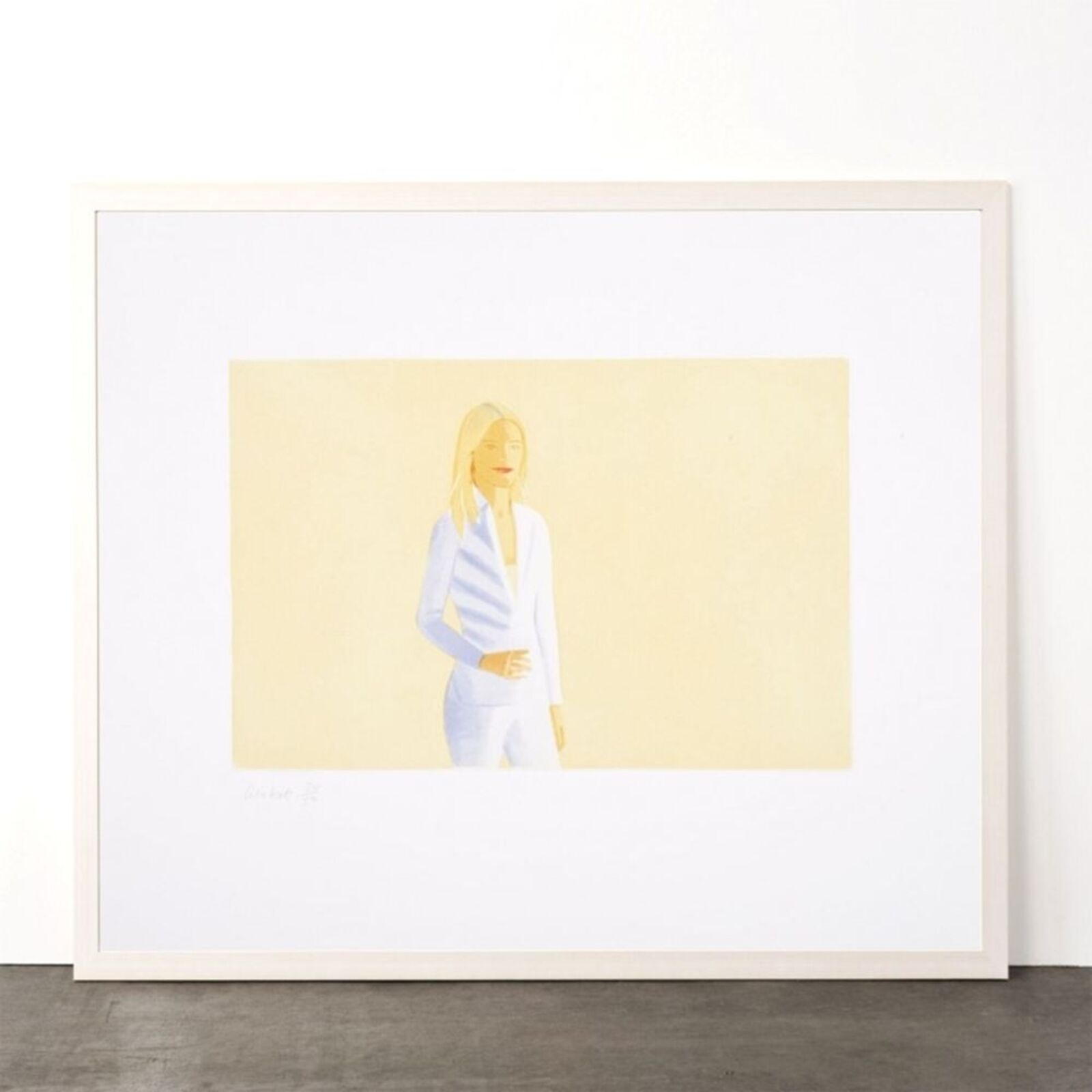 A painting of a woman in a white suit on a yellow background.