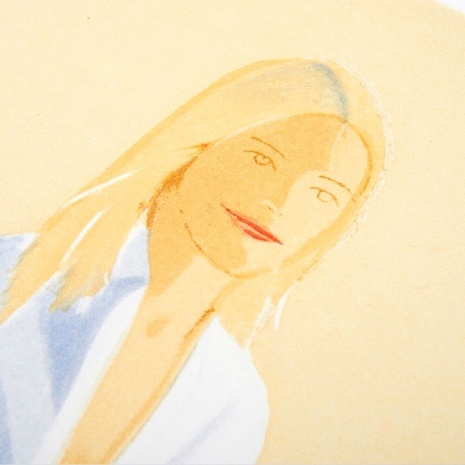 A painting of a woman in a white suit on a yellow background.