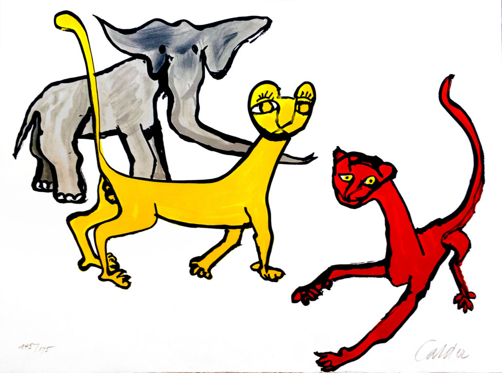 A drawing of two cats and an elephant on a white background.