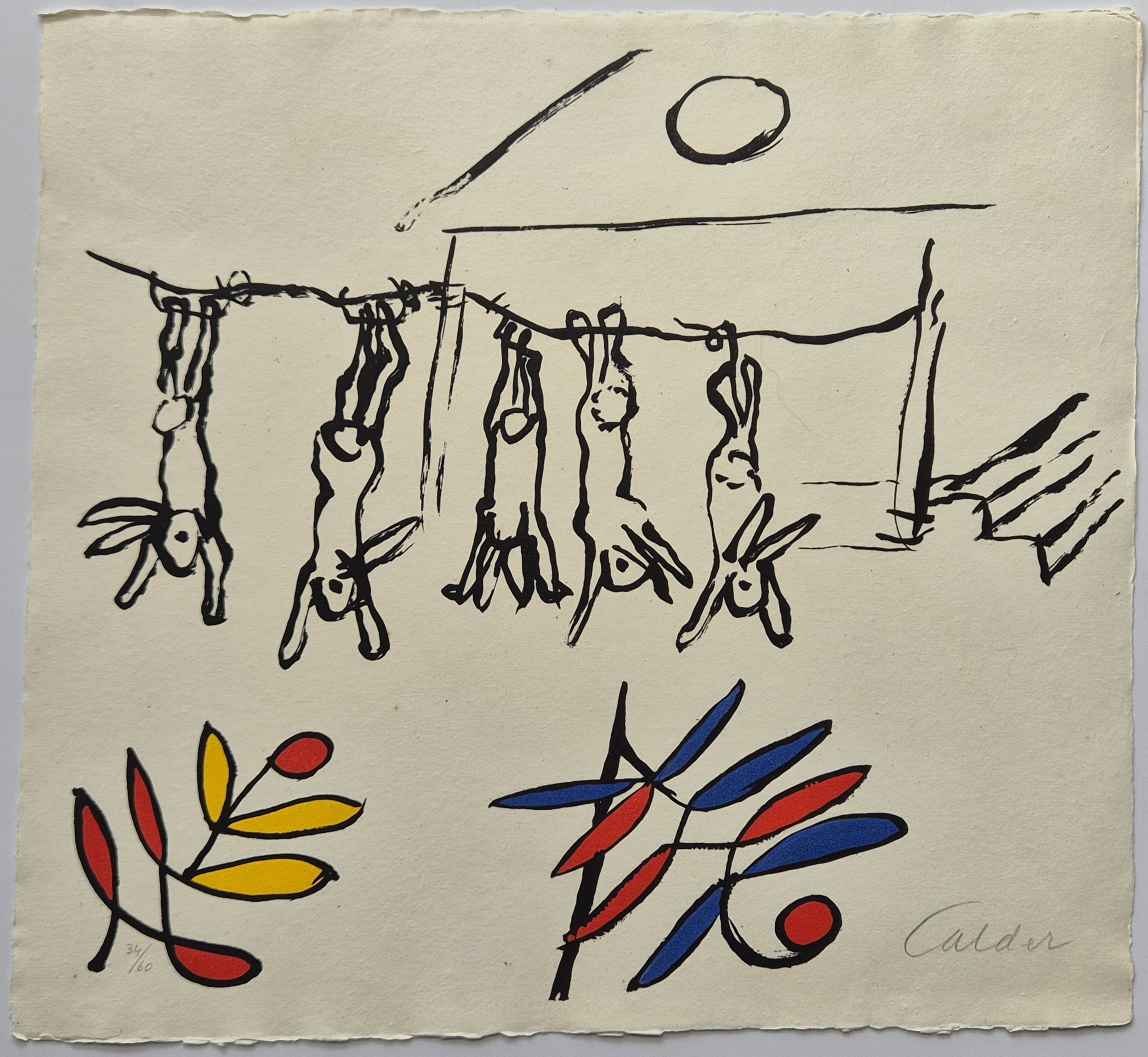 A whimsical line drawing of upside-down figures with colorful abstract shapes below.