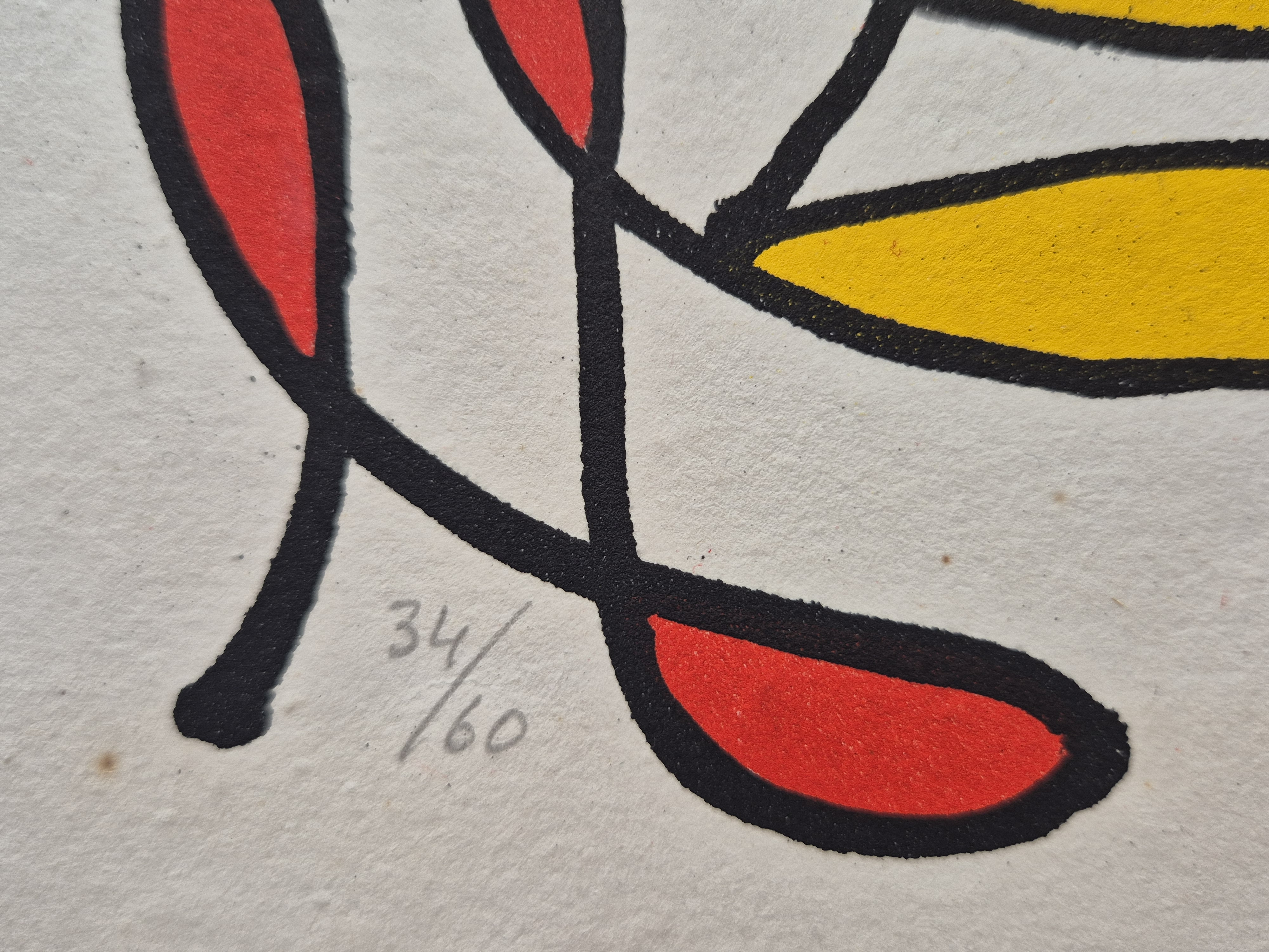 A whimsical line drawing of upside-down figures with colorful abstract shapes below.