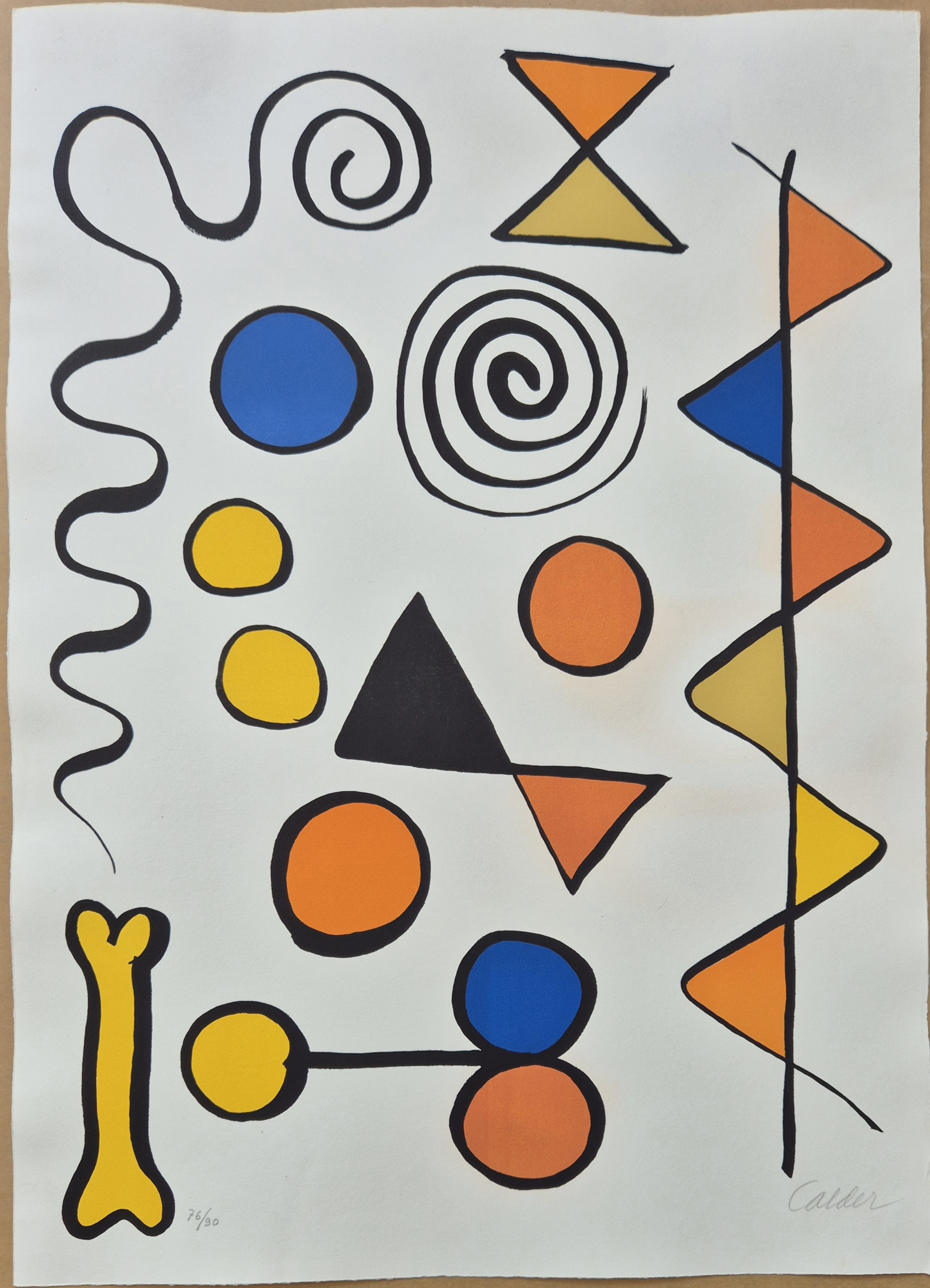 A playful abstract composition featuring bold geometric shapes and organic lines against a white background.