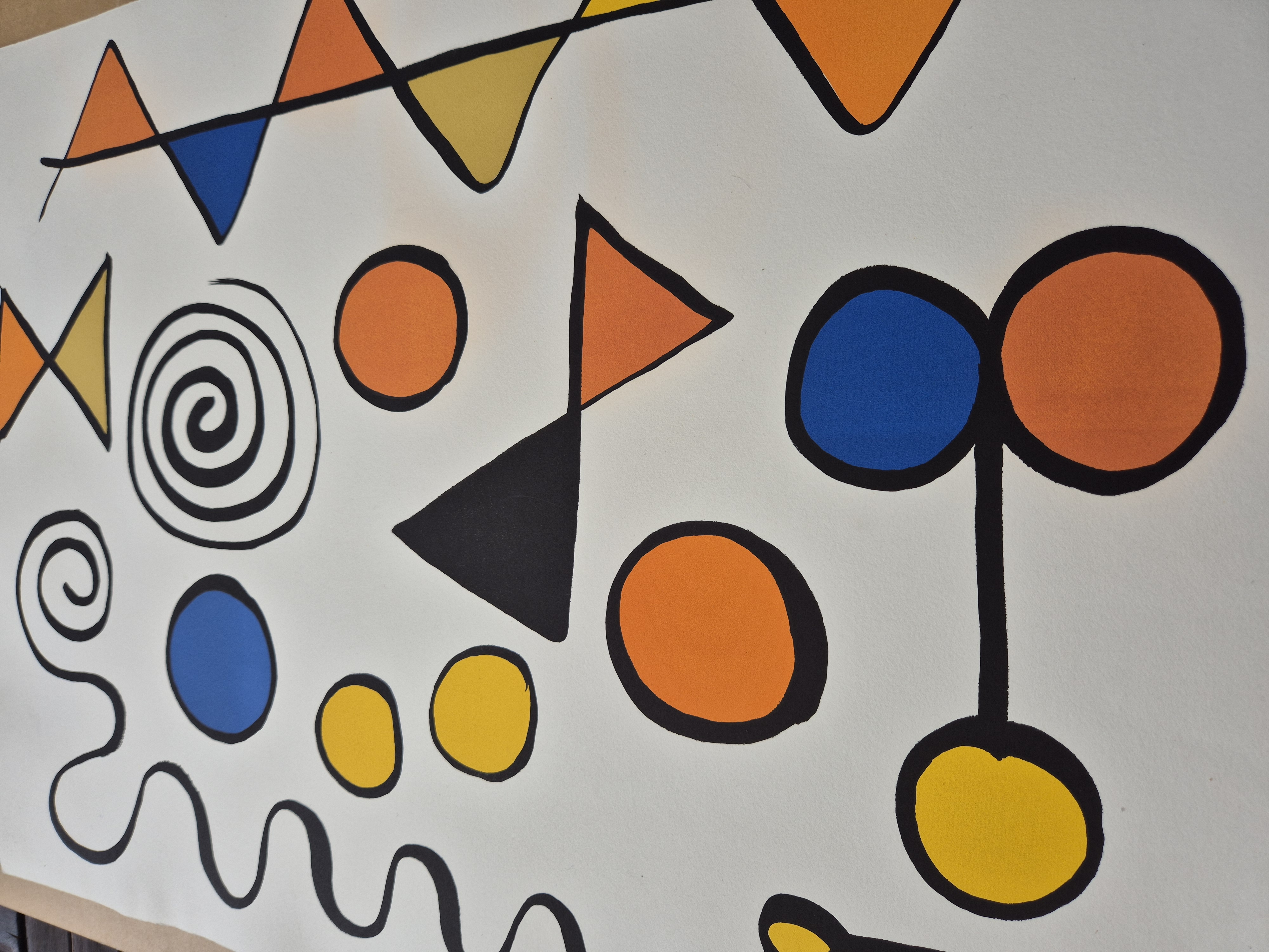 A playful abstract composition featuring bold geometric shapes and organic lines against a white background.