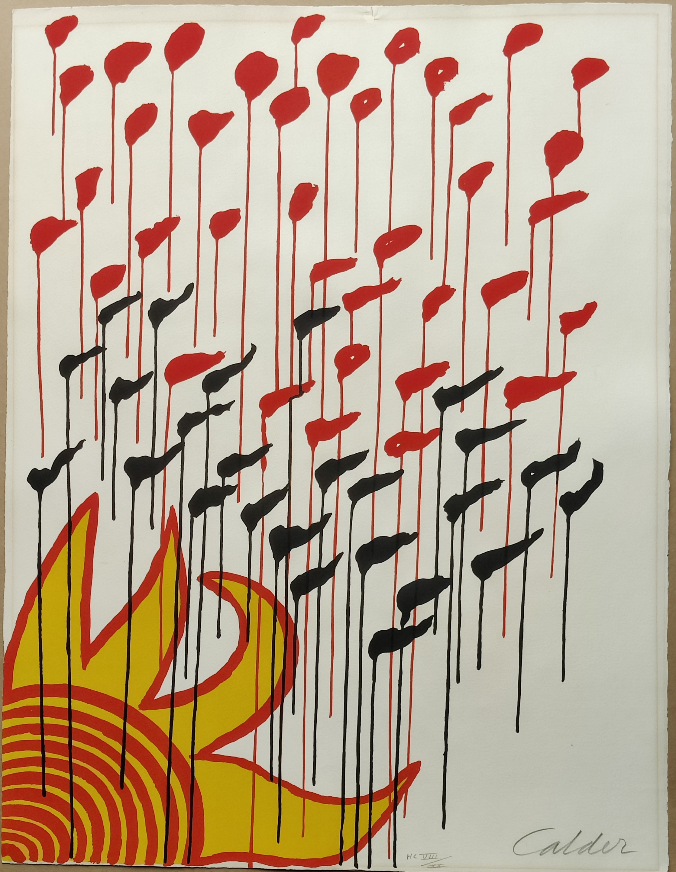 A painting of red and black flowers on a white background.