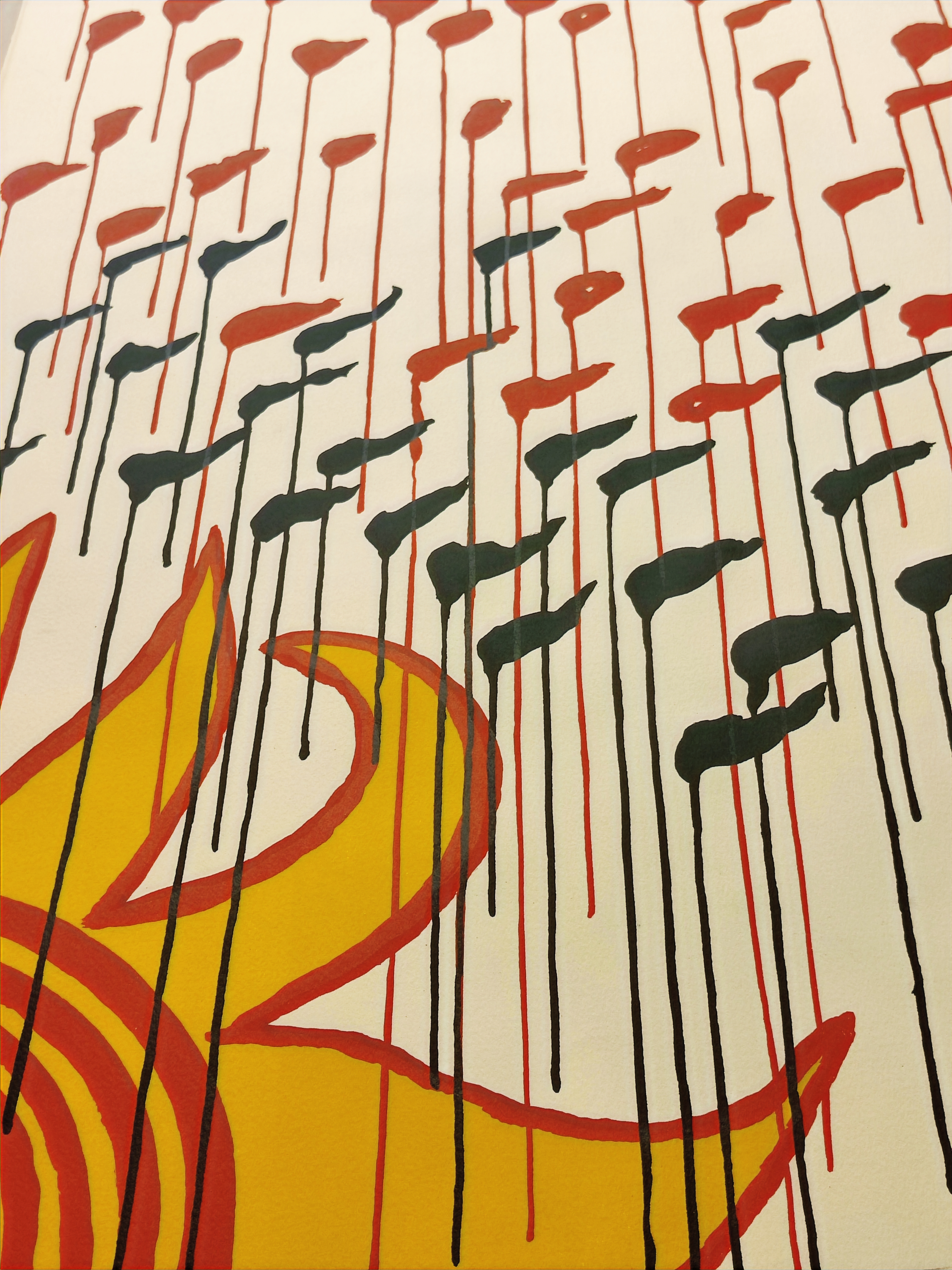 A painting of red and black flowers on a white background.