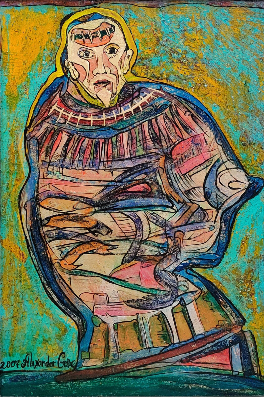 A painting of a man sitting in a chair.