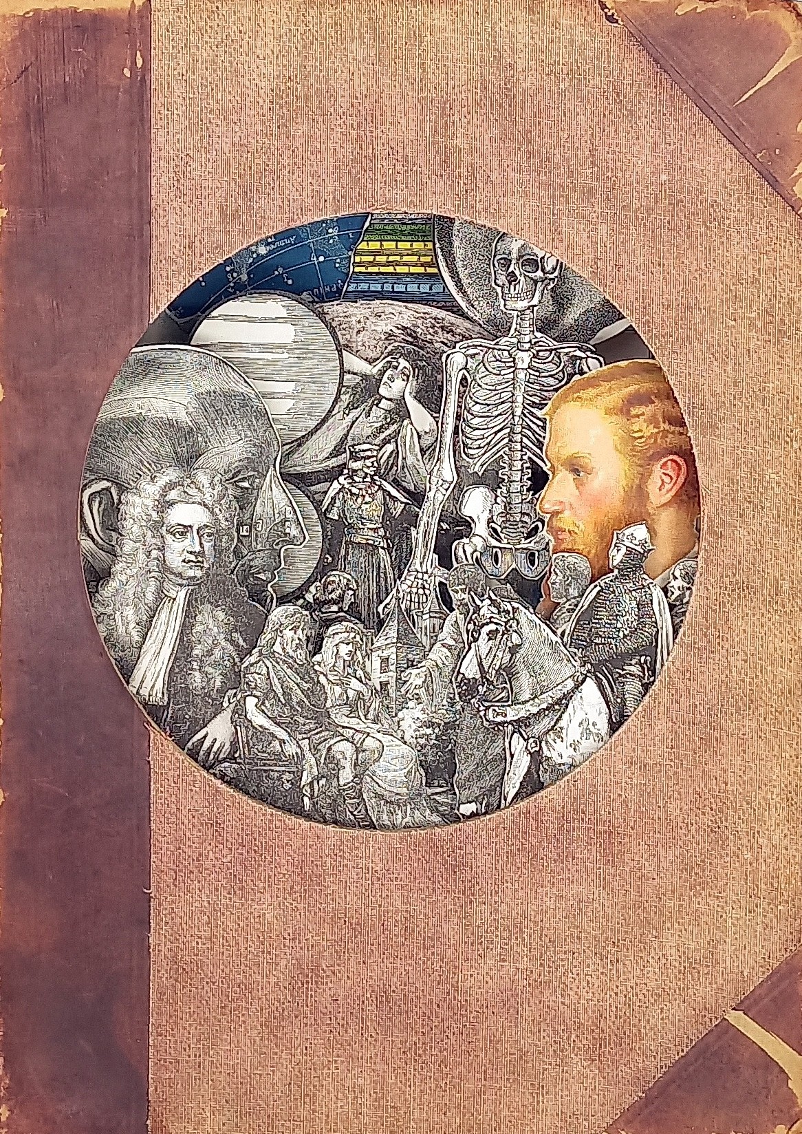 A picture of a book with a picture of people and a skeleton.