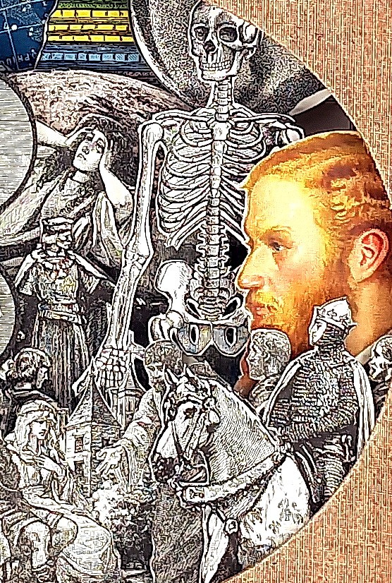 A picture of a book with a picture of people and a skeleton.