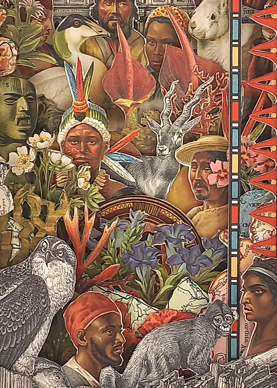 A collage of a group of people surrounded by animals and plants.