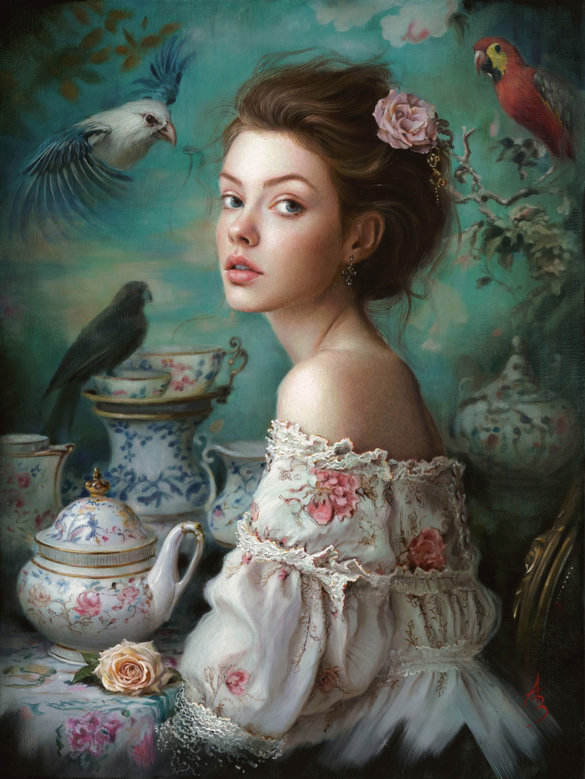 A romantic portrait of a woman in an off-the-shoulder floral dress surrounded by ornate teaware and exotic birds.