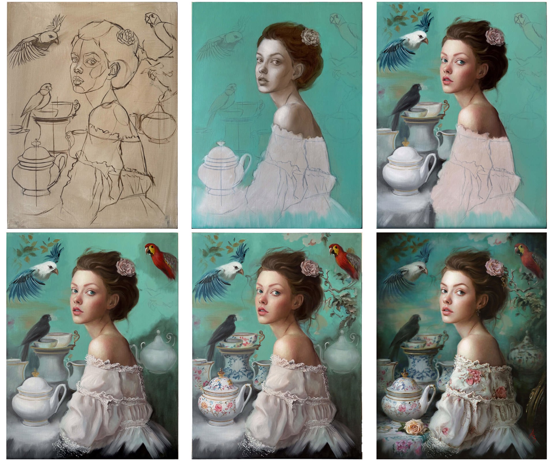 A romantic portrait of a woman in an off-the-shoulder floral dress surrounded by ornate teaware and exotic birds.