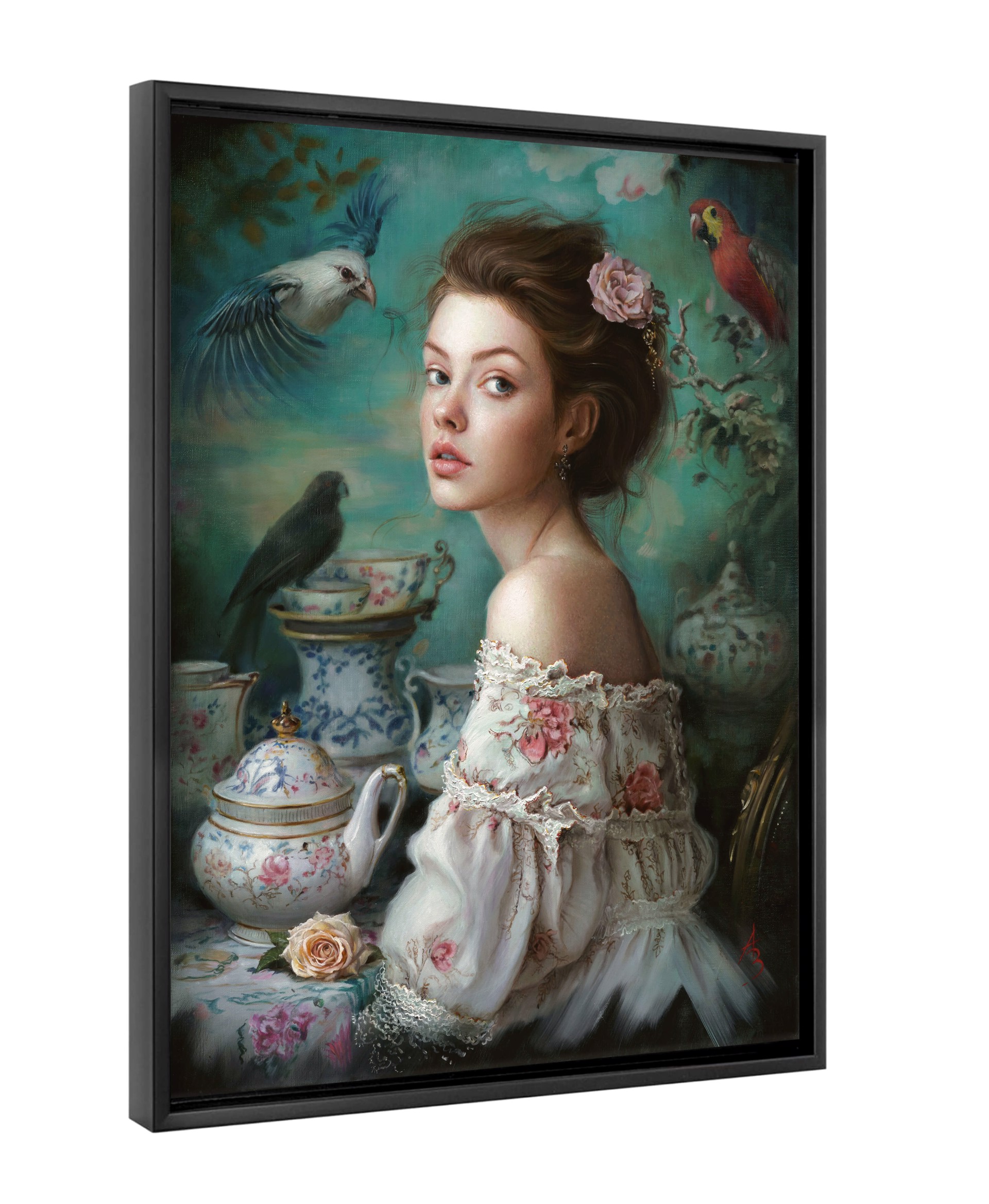 A romantic portrait of a woman in an off-the-shoulder floral dress surrounded by ornate teaware and exotic birds.