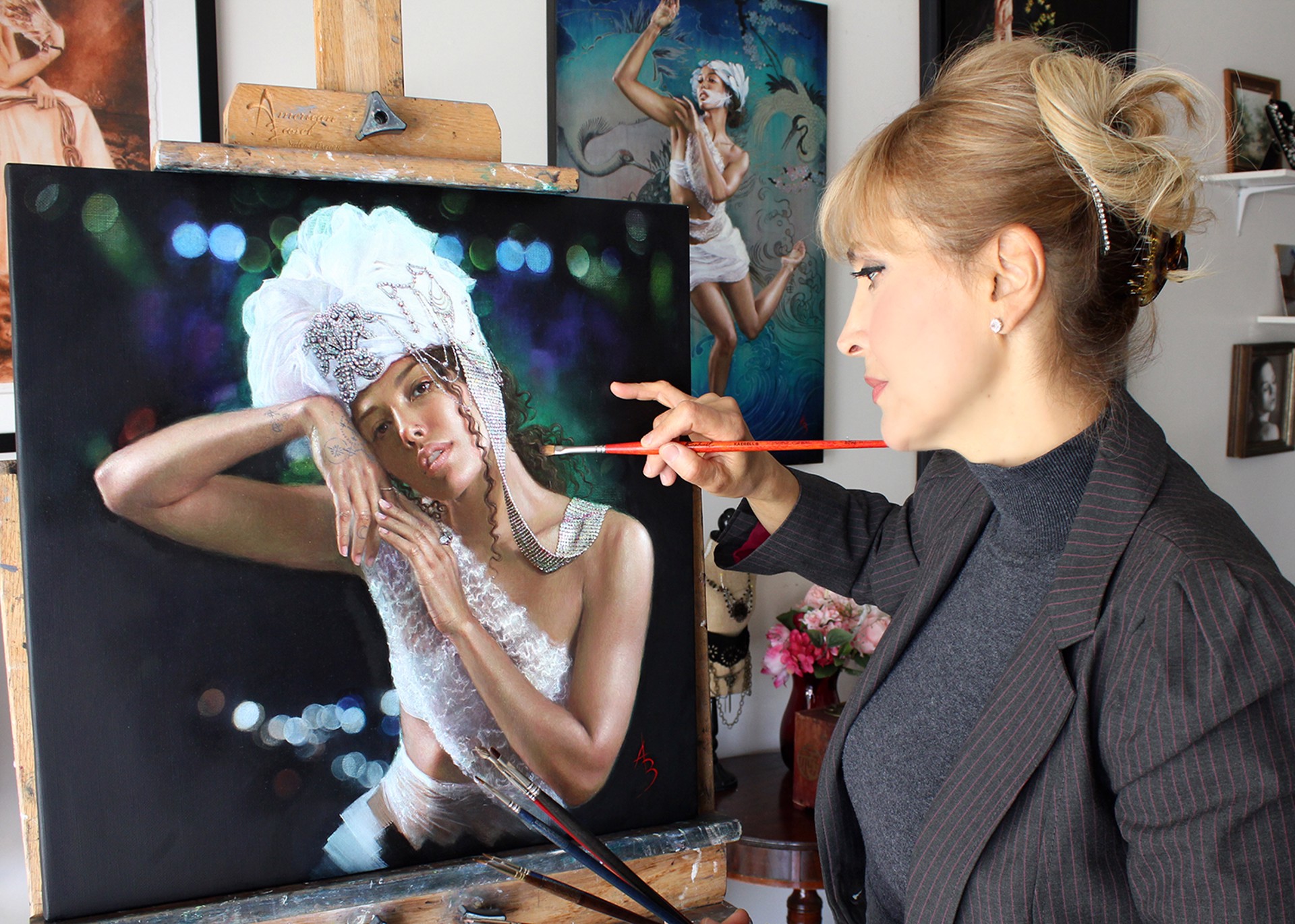 A painting of a woman wearing a white dress and a white hat.