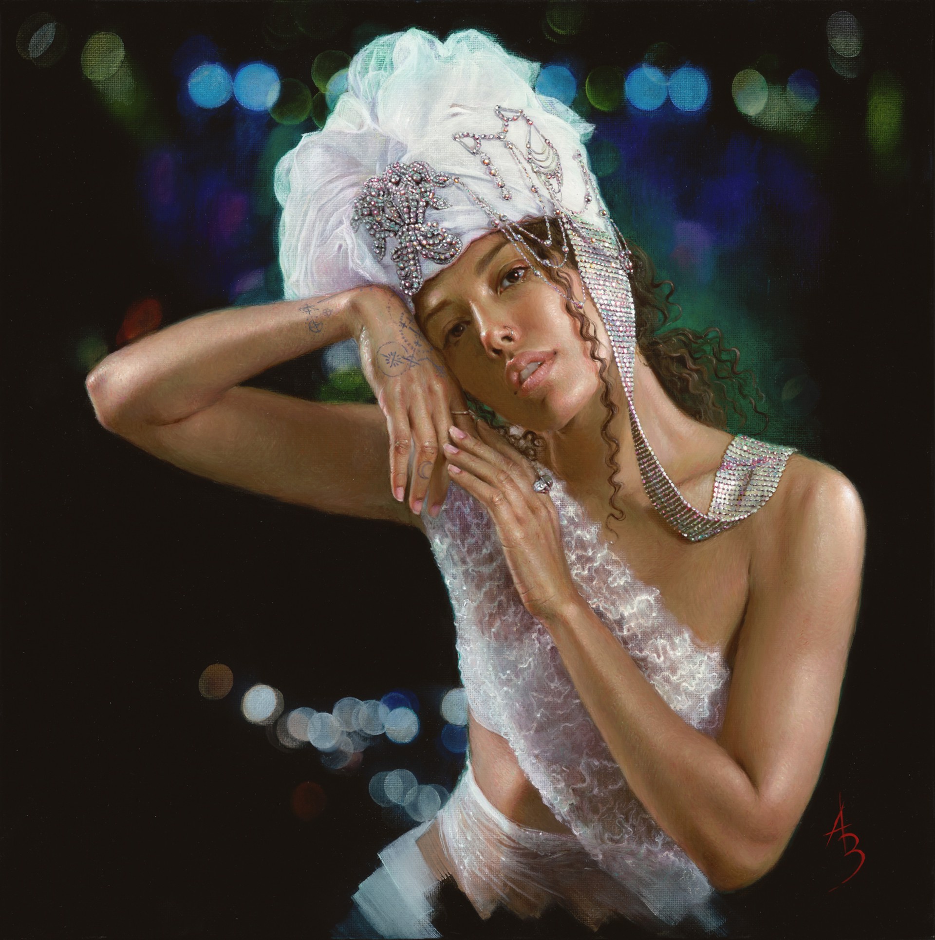 A painting of a woman wearing a white dress and a white hat.
