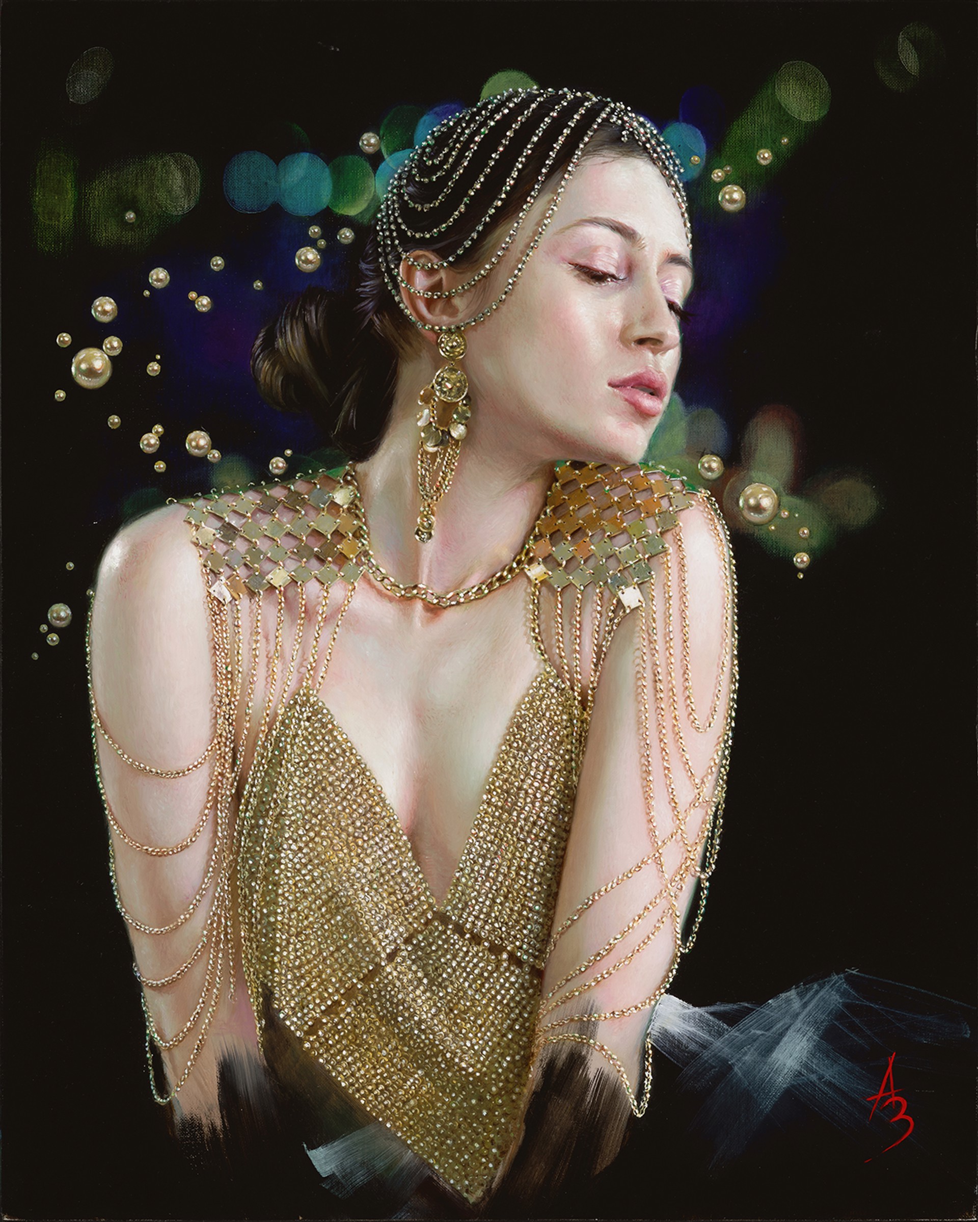 A painting of a woman in a gold dress.