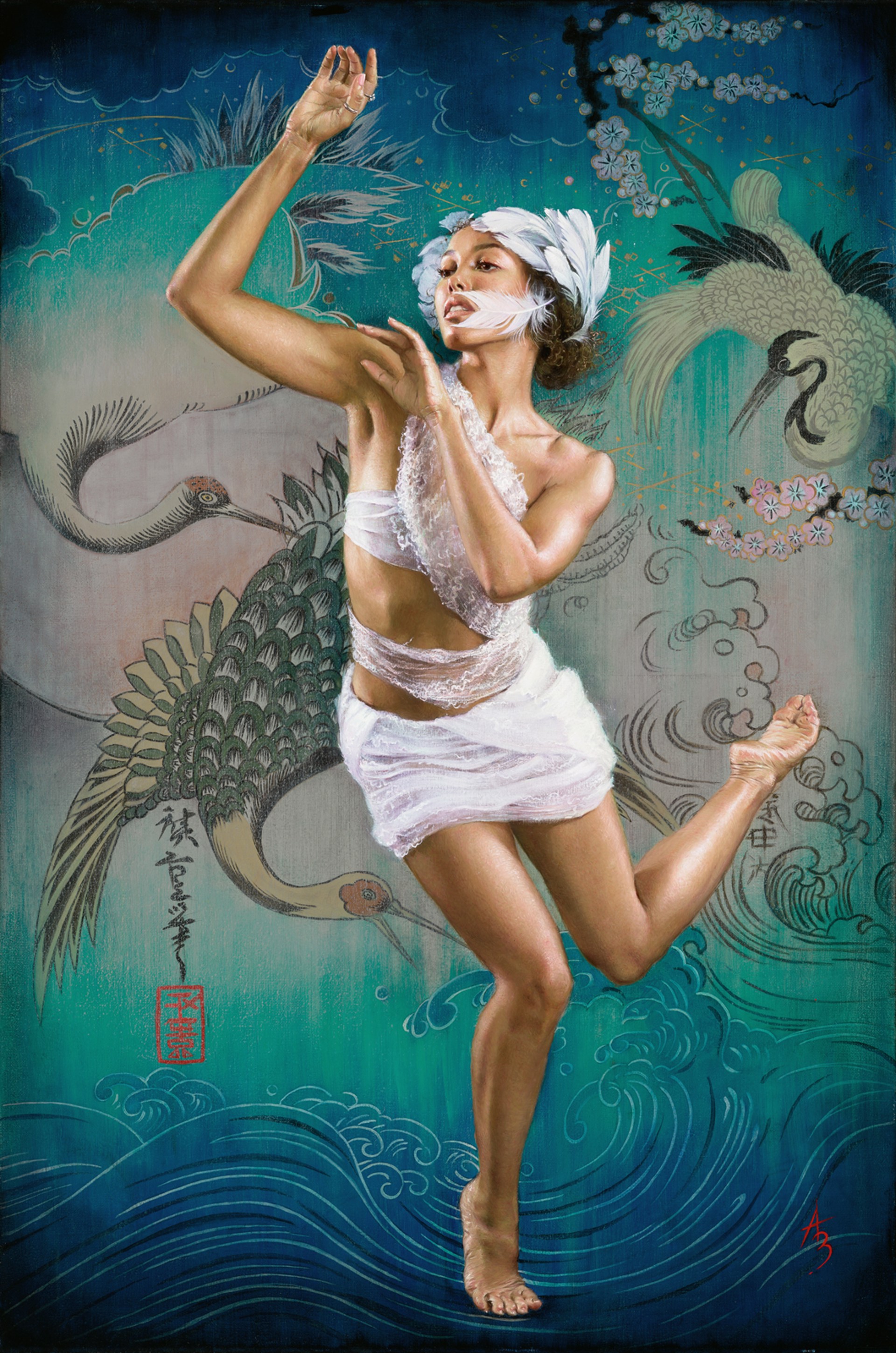 A painting of a woman in a white dress dancing.