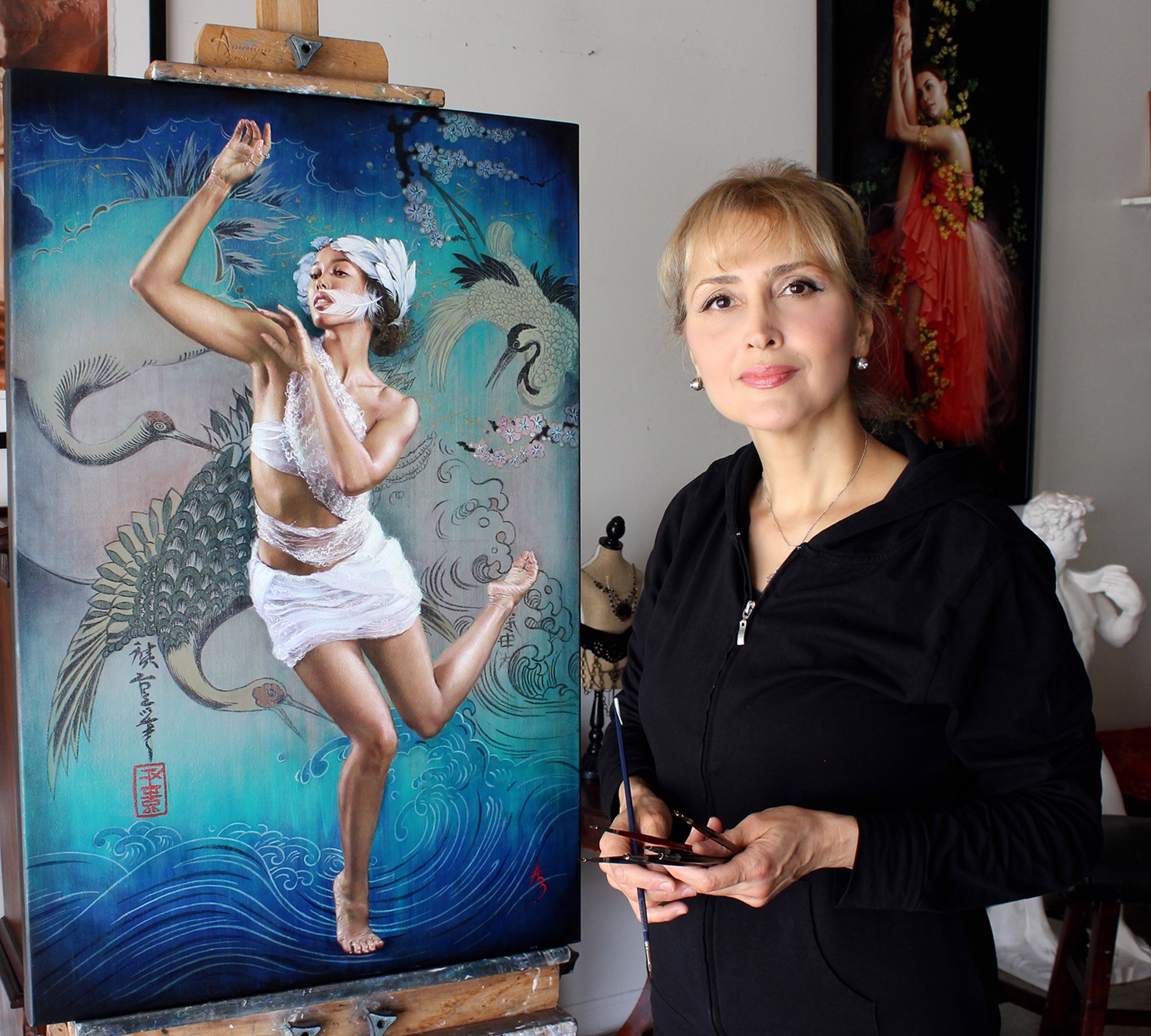 A painting of a woman in a white dress dancing.