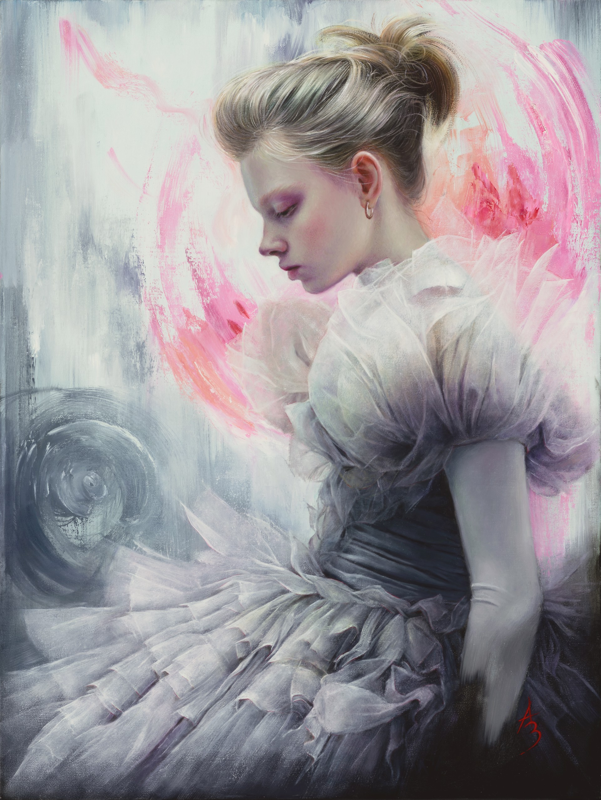 A painting of a woman in a white dress.