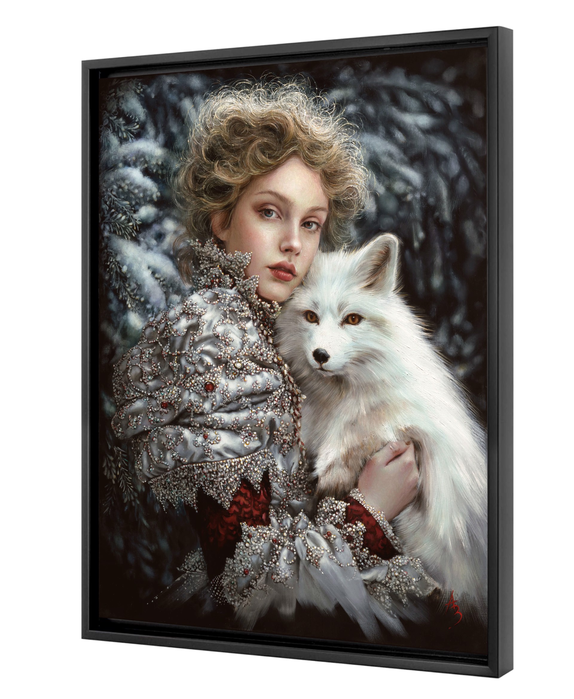 A portrait of a figure in ornate silver attire holding a white fox against a snowy forest backdrop.