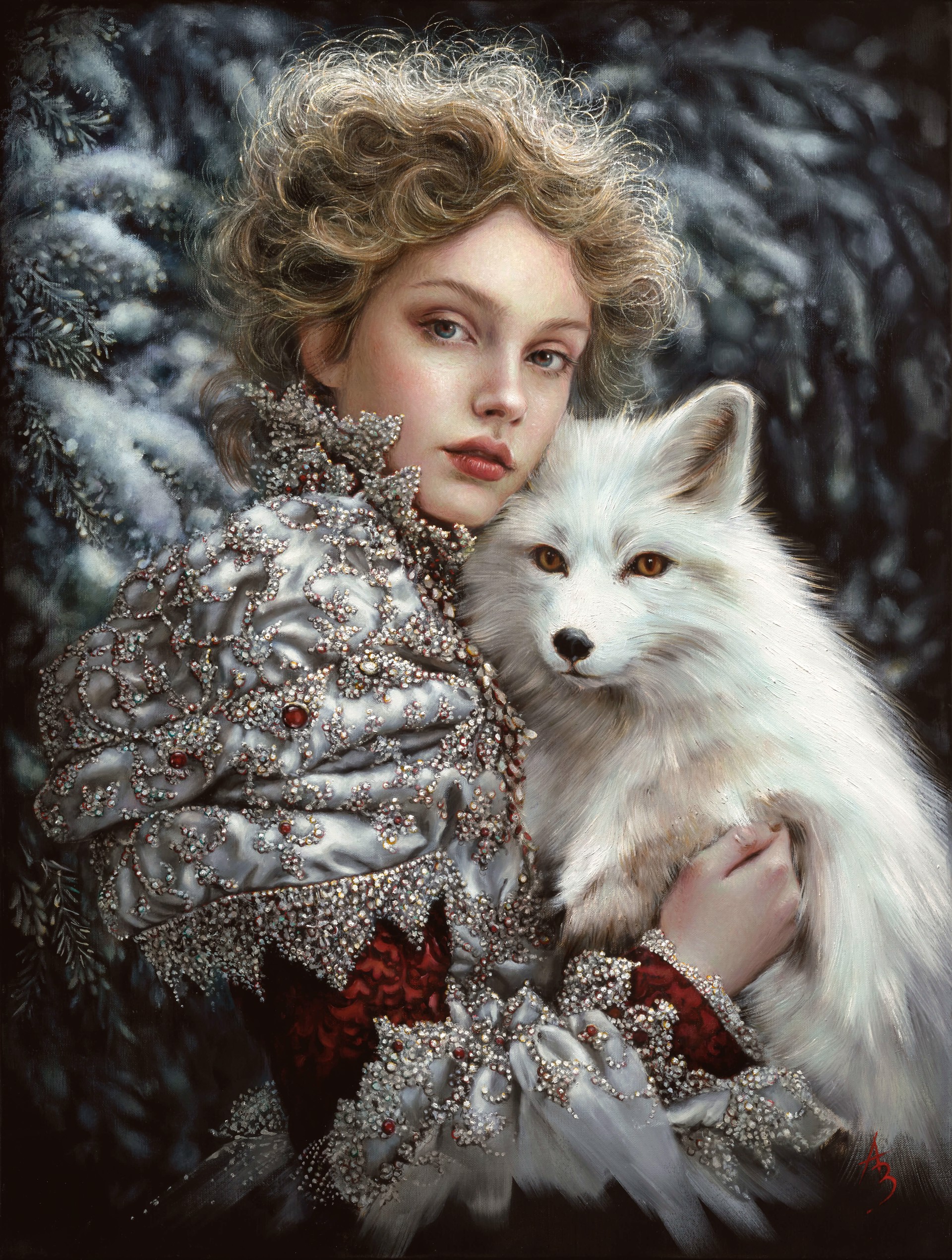 A portrait of a figure in ornate silver attire holding a white fox against a snowy forest backdrop.