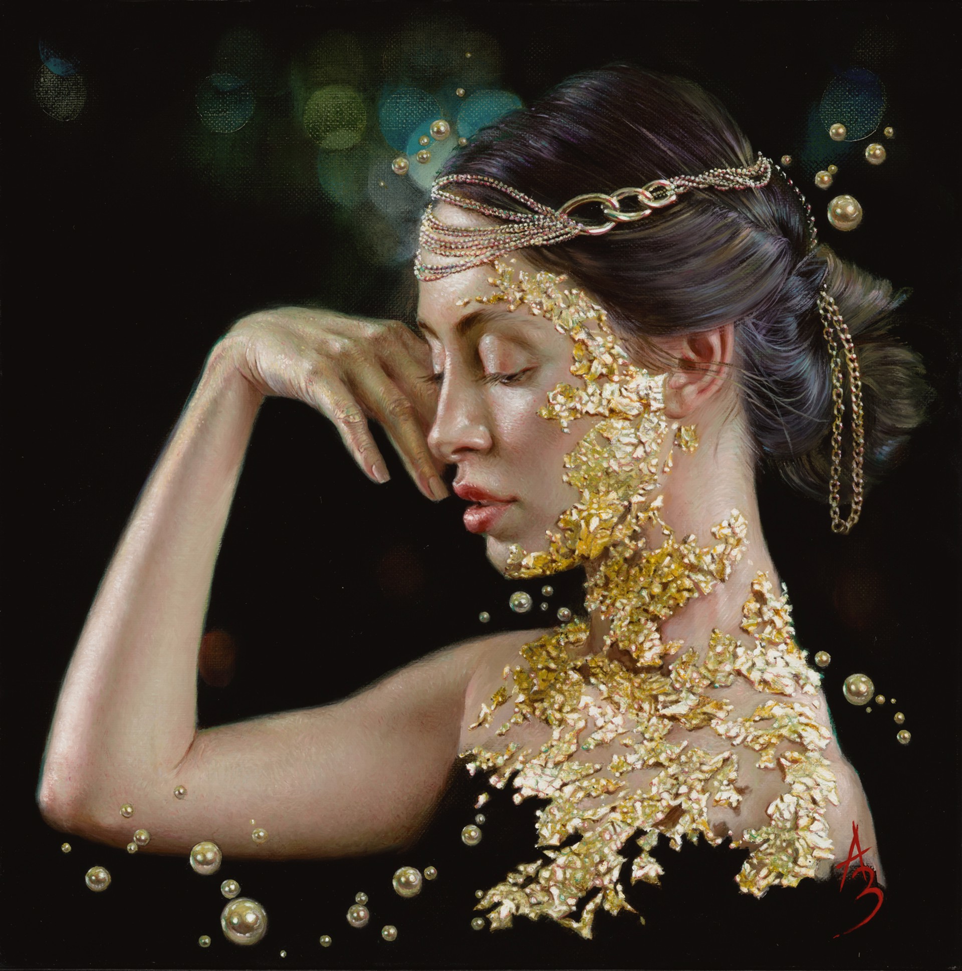A painting of a woman with gold paint on her face.