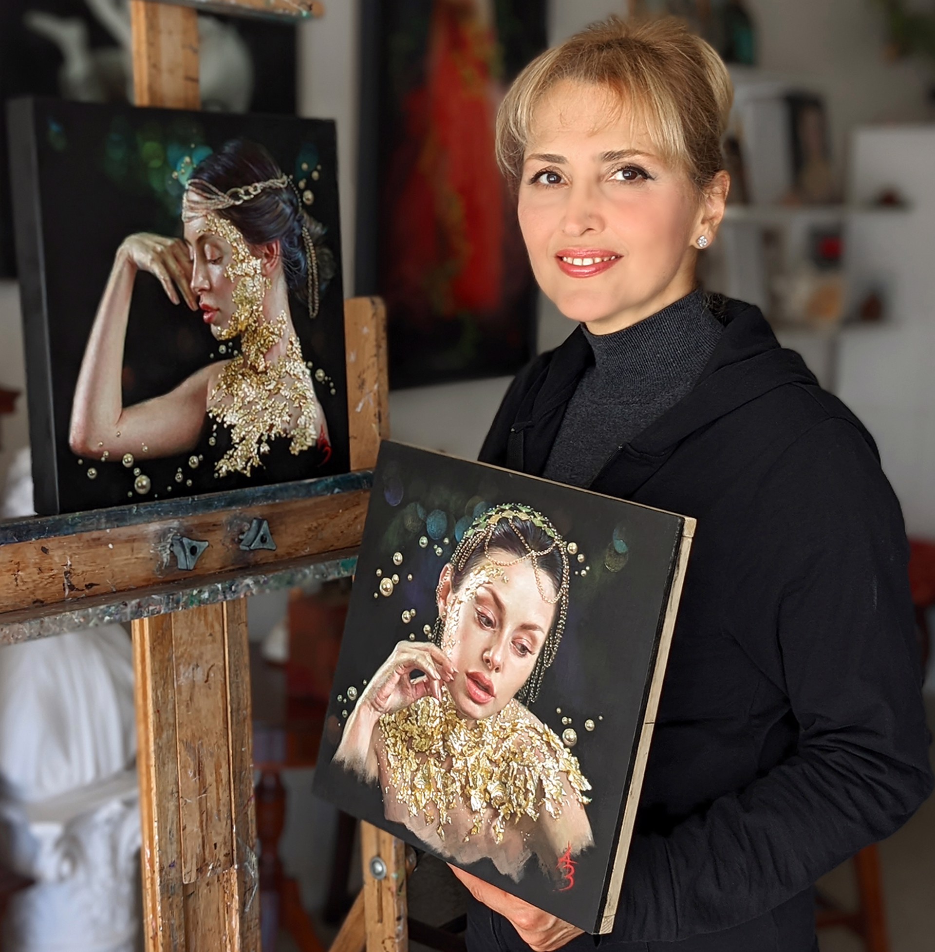 A painting of a woman with gold paint on her face.